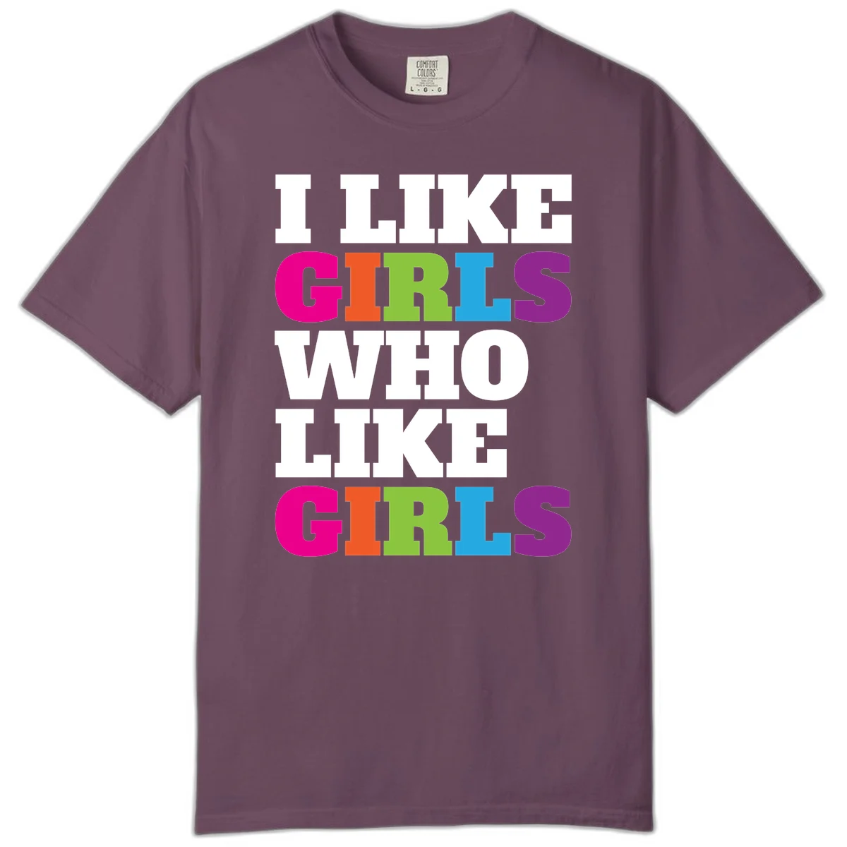 Bold colorful text reading 'Think Girls Who Like Girls' with each word in different pride colors on gray background in Berry