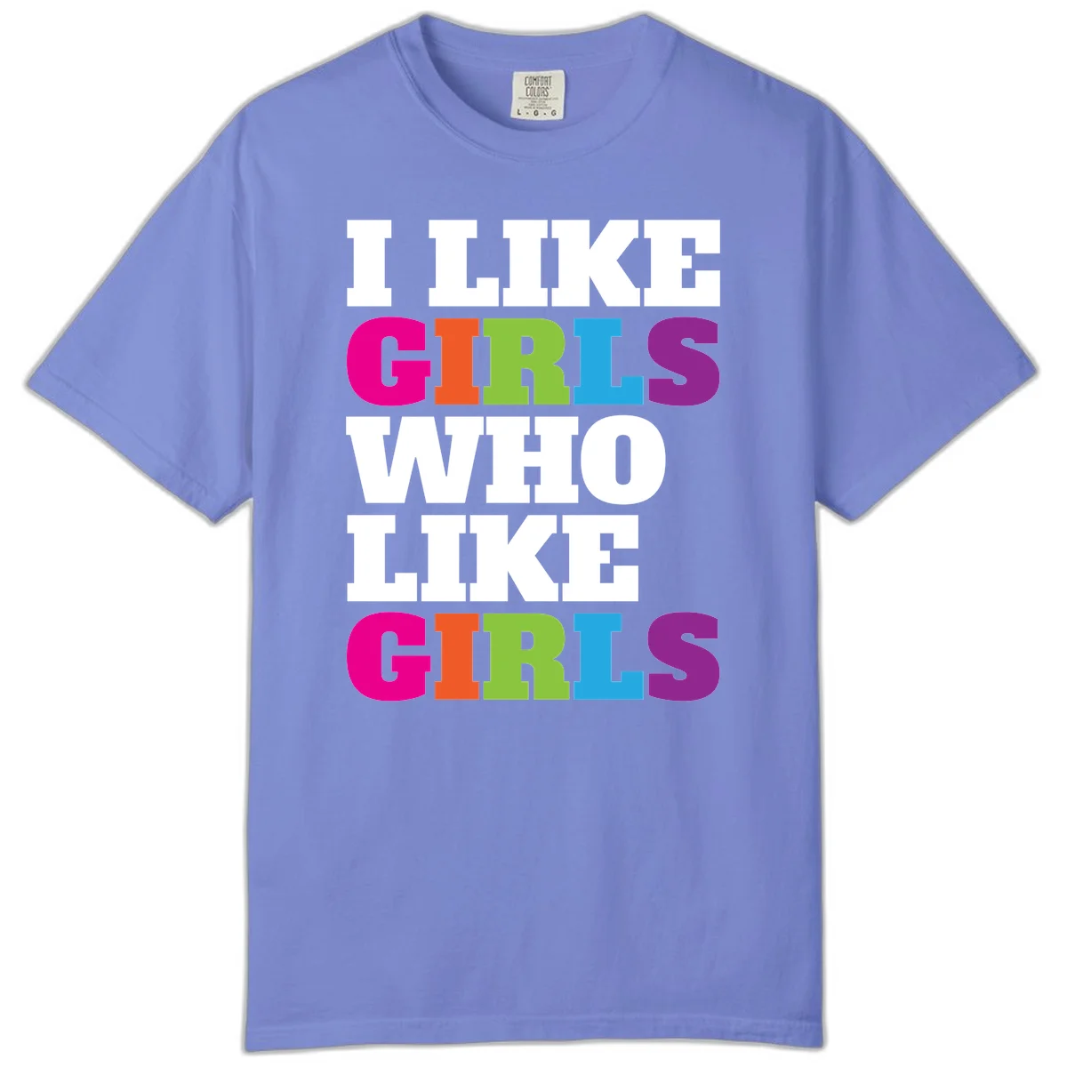 Bold colorful text reading 'Think Girls Who Like Girls' with each word in different pride colors on gray background in Flo Blue