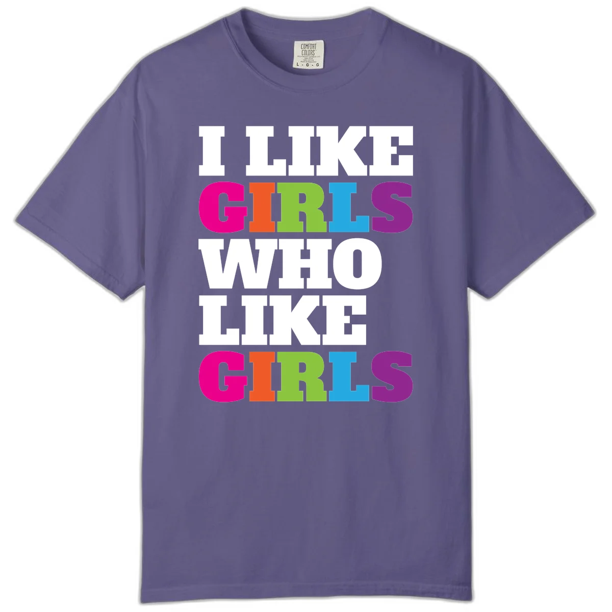 Bold colorful text reading 'Think Girls Who Like Girls' with each word in different pride colors on gray background in Grape