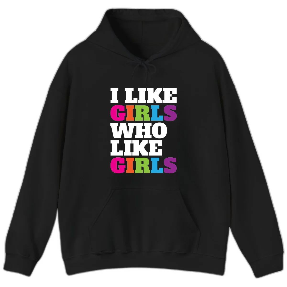 Bold colorful text reading 'Think Girls Who Like Girls' with each word in different pride colors on gray background in Black
