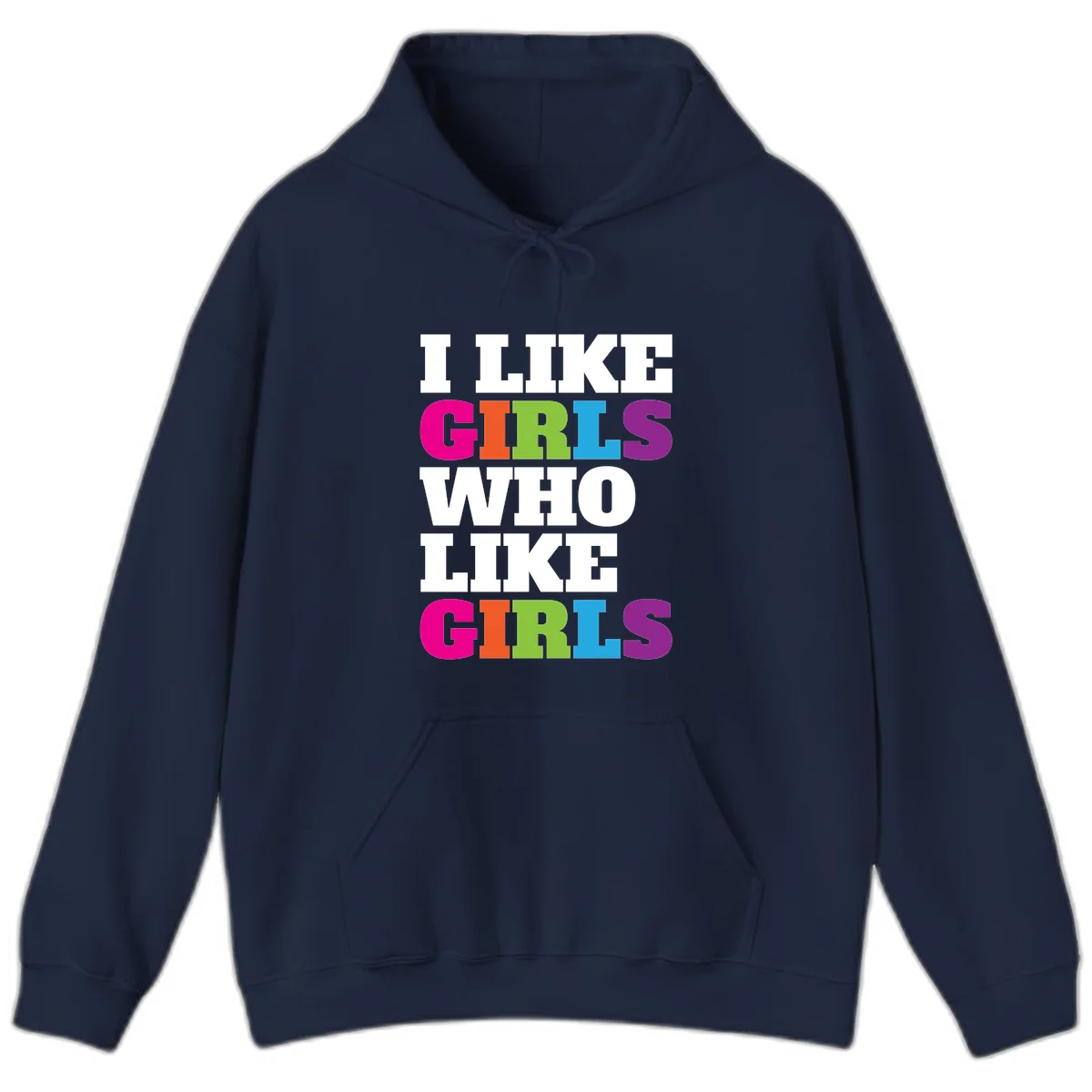 Bold colorful text reading 'Think Girls Who Like Girls' with each word in different pride colors on gray background in Navy
