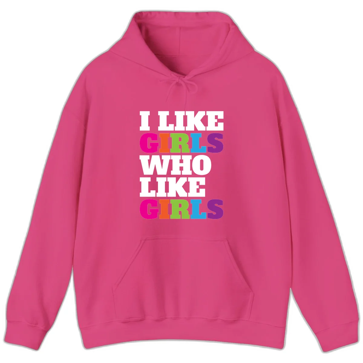 Bold colorful text reading 'Think Girls Who Like Girls' with each word in different pride colors on gray background in Heliconia