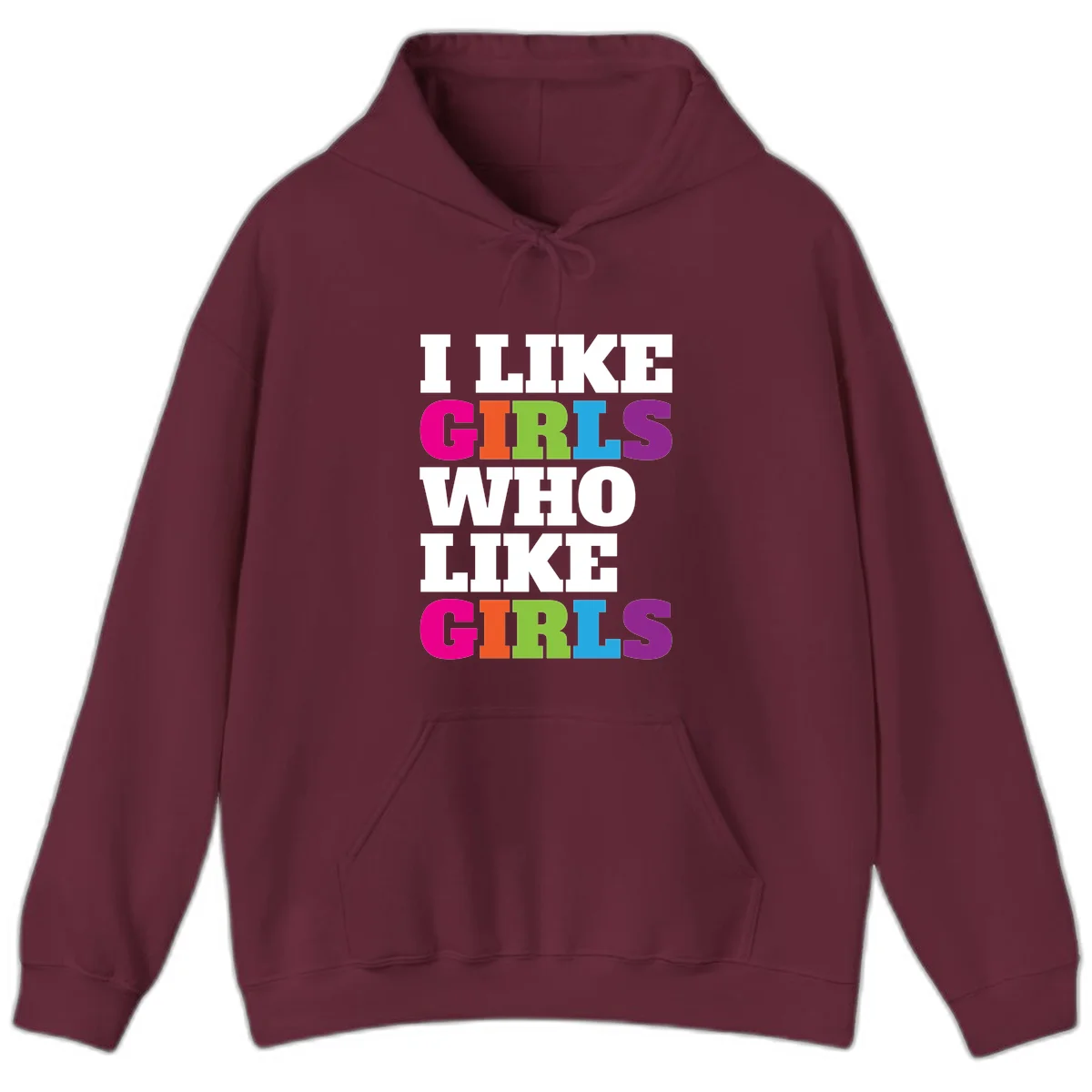 Bold colorful text reading 'Think Girls Who Like Girls' with each word in different pride colors on gray background in Maroon