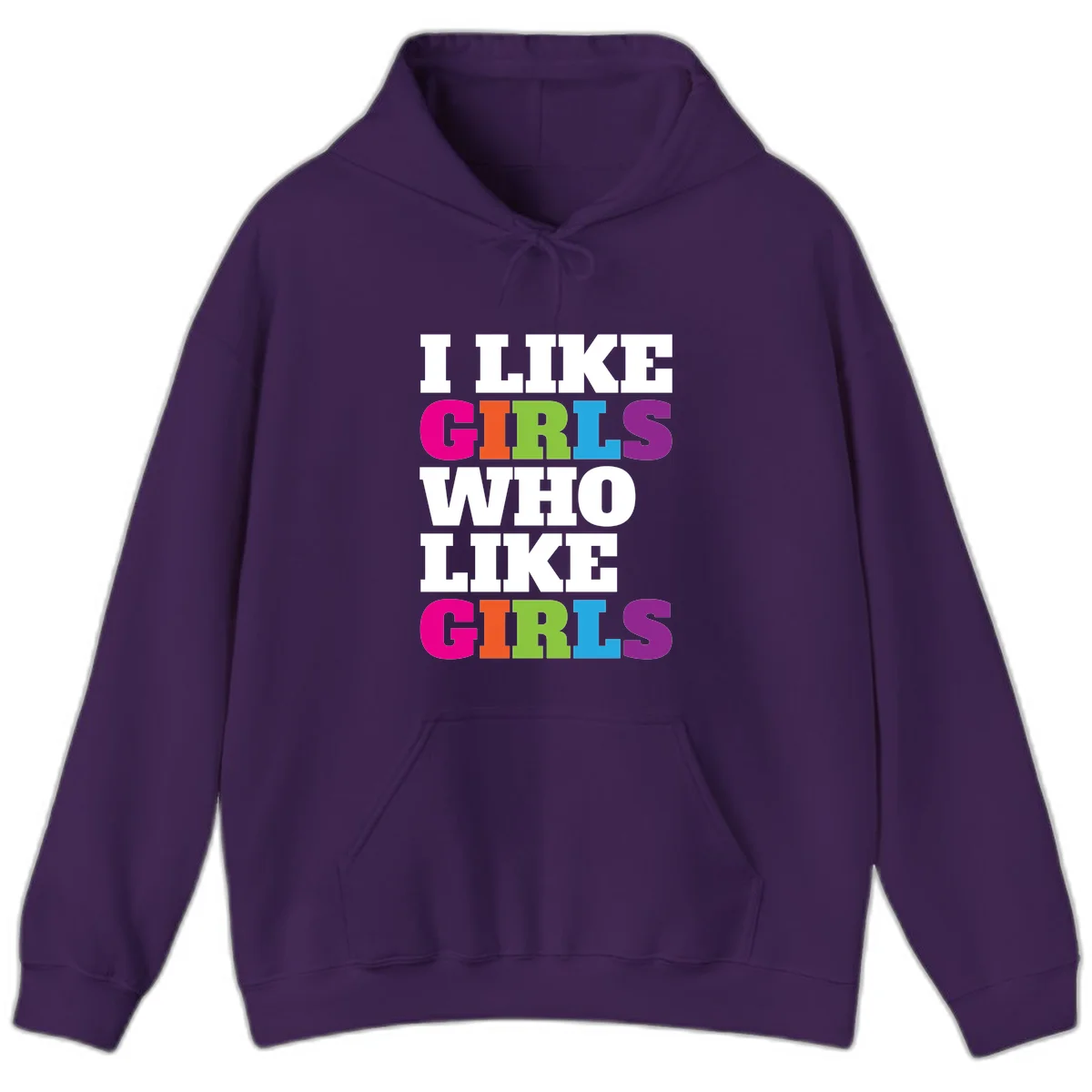 Bold colorful text reading 'Think Girls Who Like Girls' with each word in different pride colors on gray background in Purple