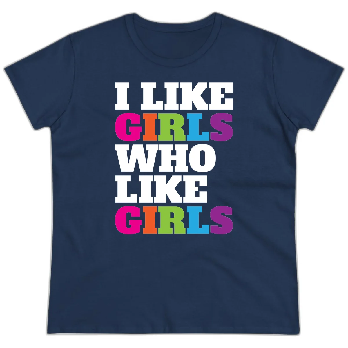 Bold colorful text reading 'Think Girls Who Like Girls' with each word in different pride colors on gray background in Navy