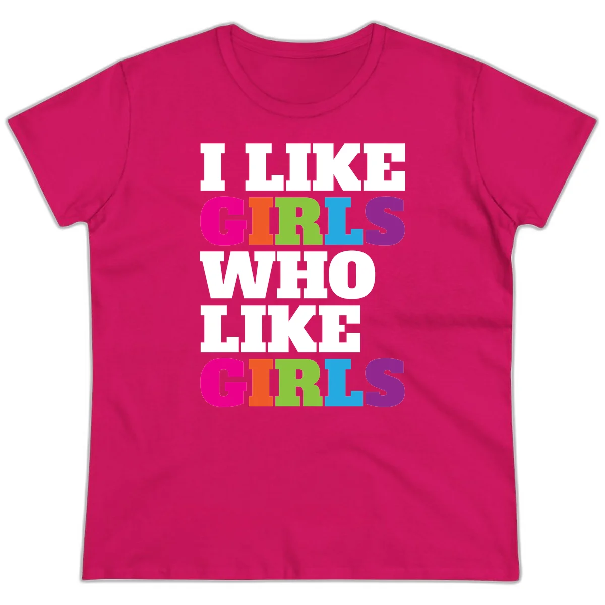 Bold colorful text reading 'Think Girls Who Like Girls' with each word in different pride colors on gray background in Heliconia