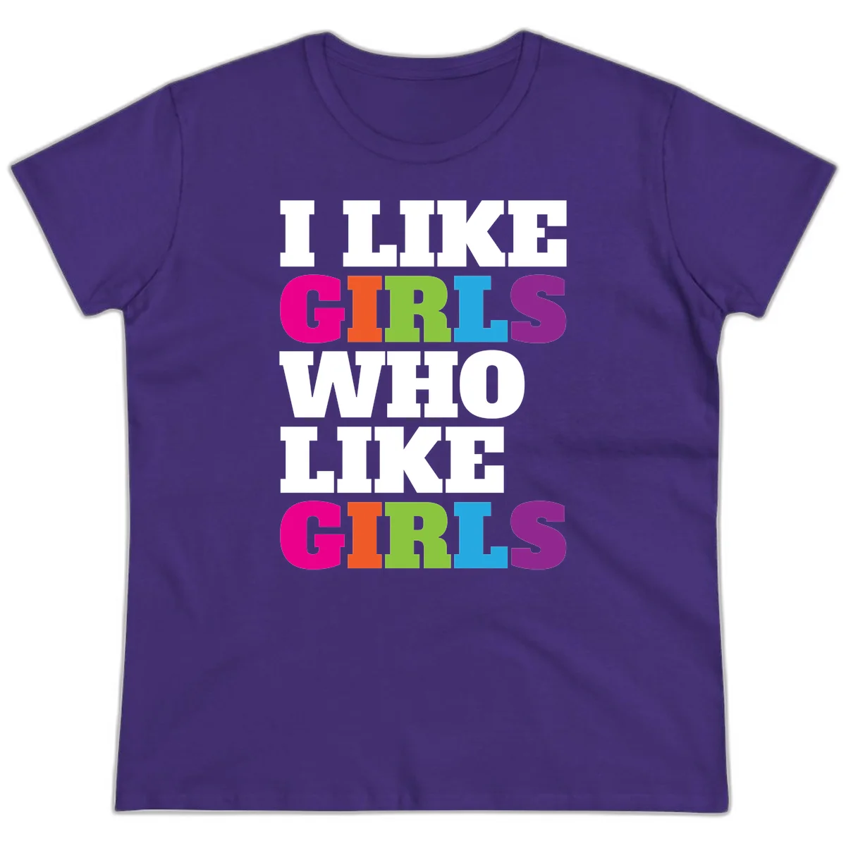 Bold colorful text reading 'Think Girls Who Like Girls' with each word in different pride colors on gray background in Purple