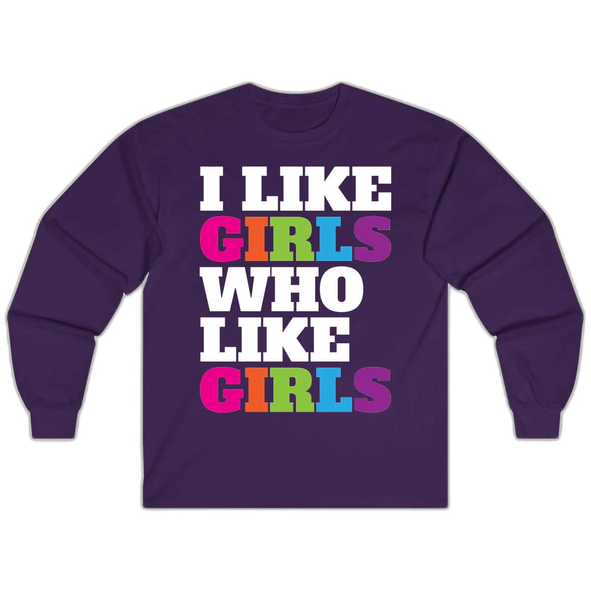 Bold colorful text reading 'Think Girls Who Like Girls' with each word in different pride colors on gray background in Purple