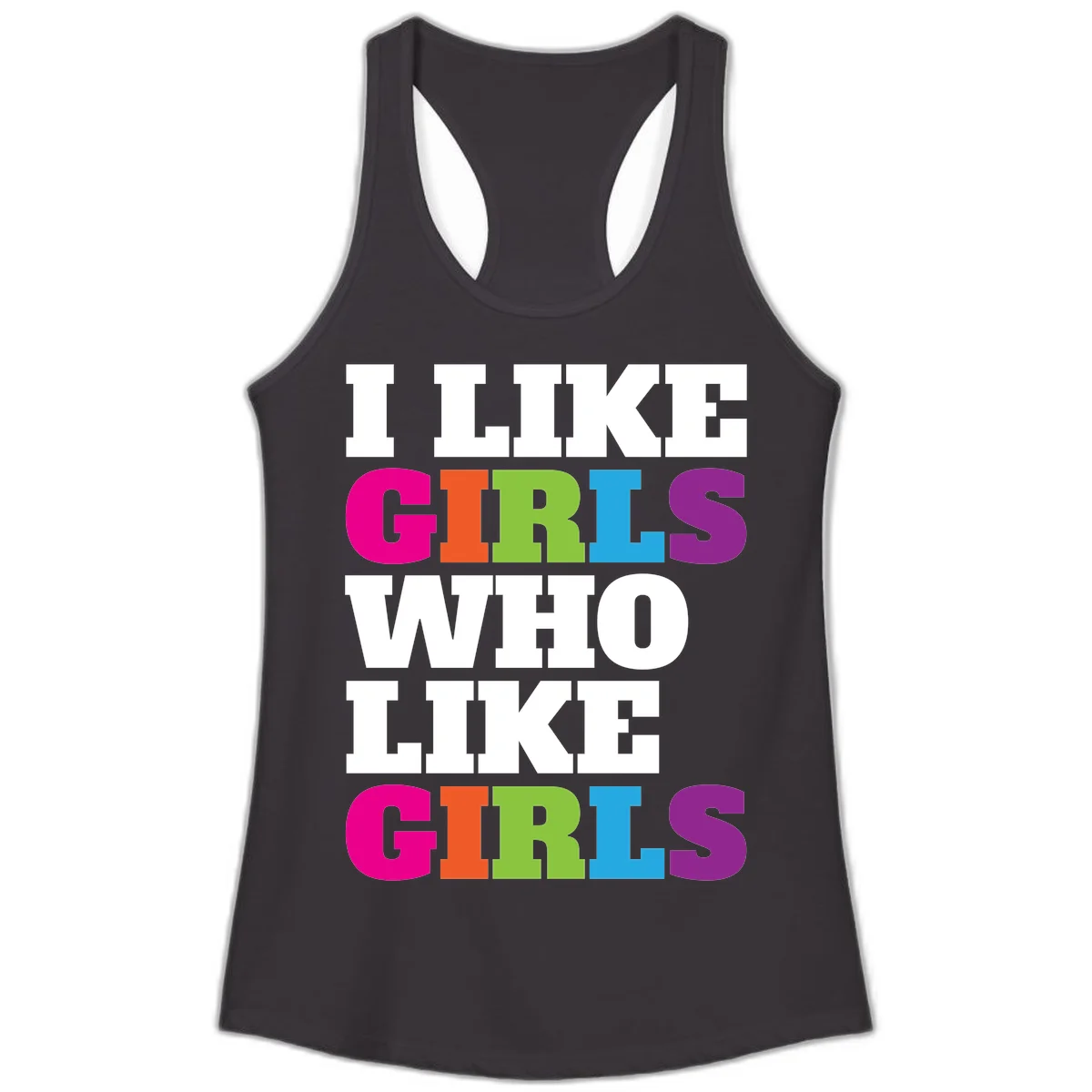 Bold colorful text reading 'Think Girls Who Like Girls' with each word in different pride colors on gray background in Black