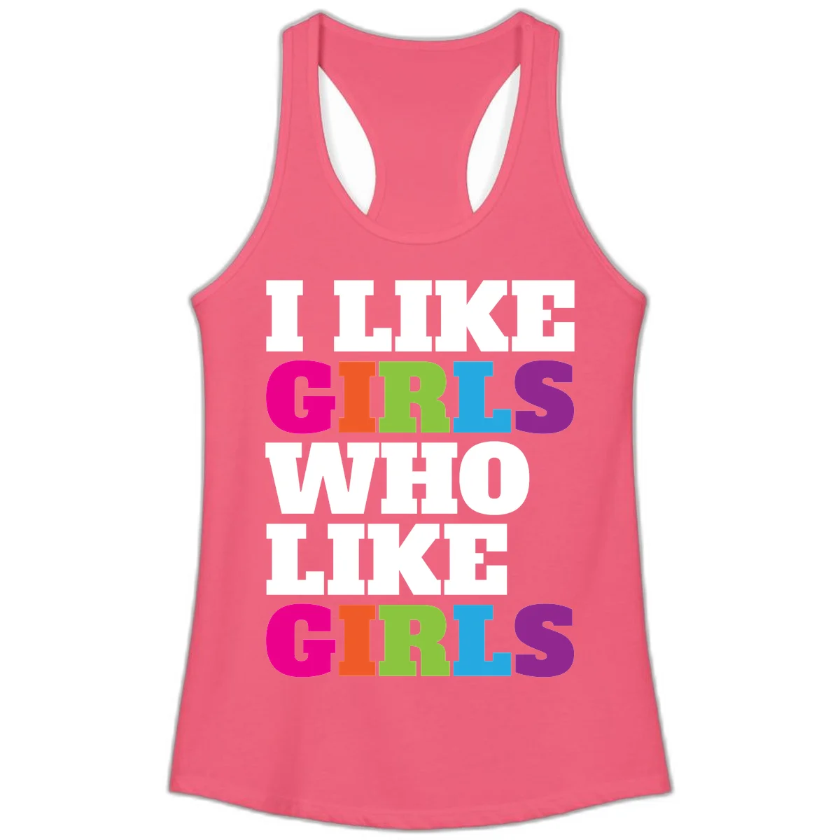 Bold colorful text reading 'Think Girls Who Like Girls' with each word in different pride colors on gray background in Hot Pink