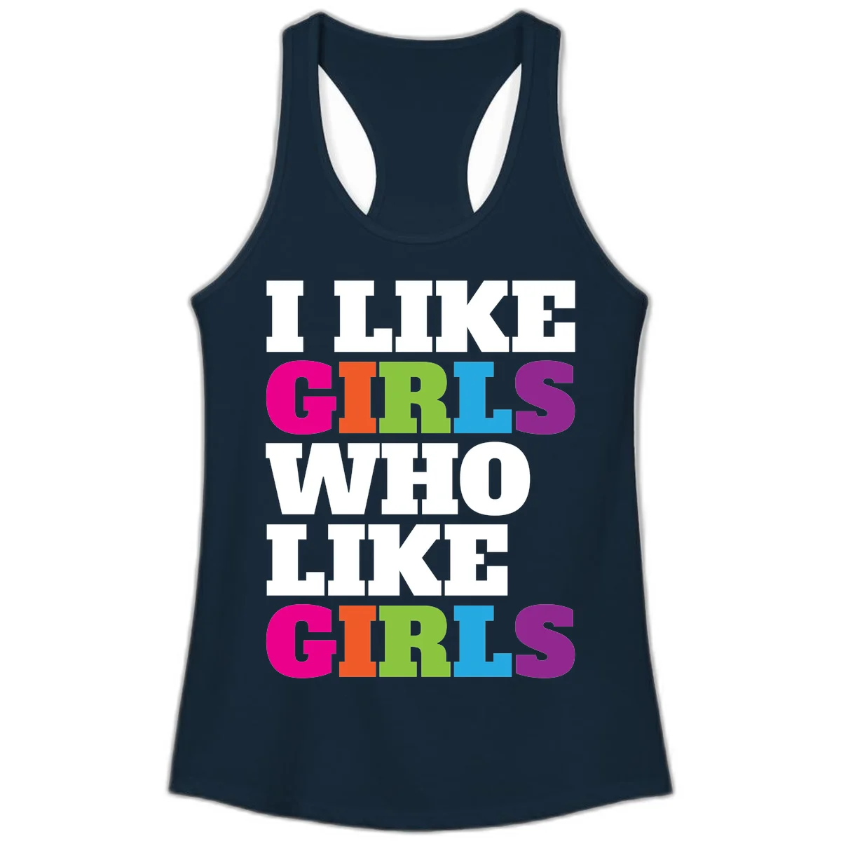 Bold colorful text reading 'Think Girls Who Like Girls' with each word in different pride colors on gray background in Solid Midnight Navy