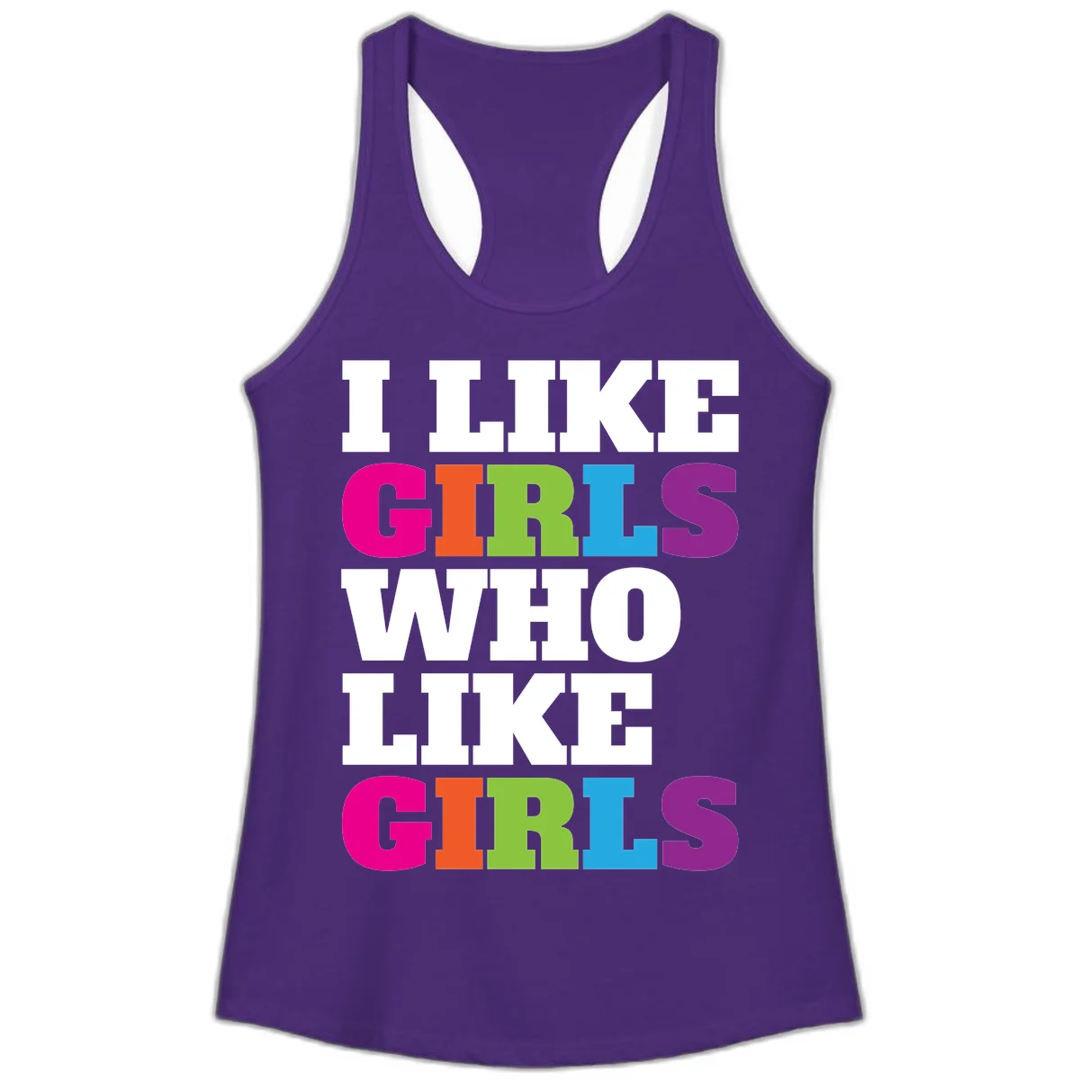 Bold colorful text reading 'Think Girls Who Like Girls' with each word in different pride colors on gray background in Solid Purple Rush