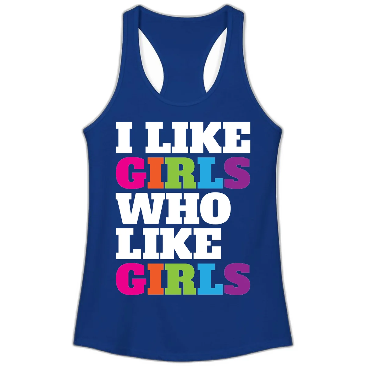 Bold colorful text reading 'Think Girls Who Like Girls' with each word in different pride colors on gray background in Solid Royal
