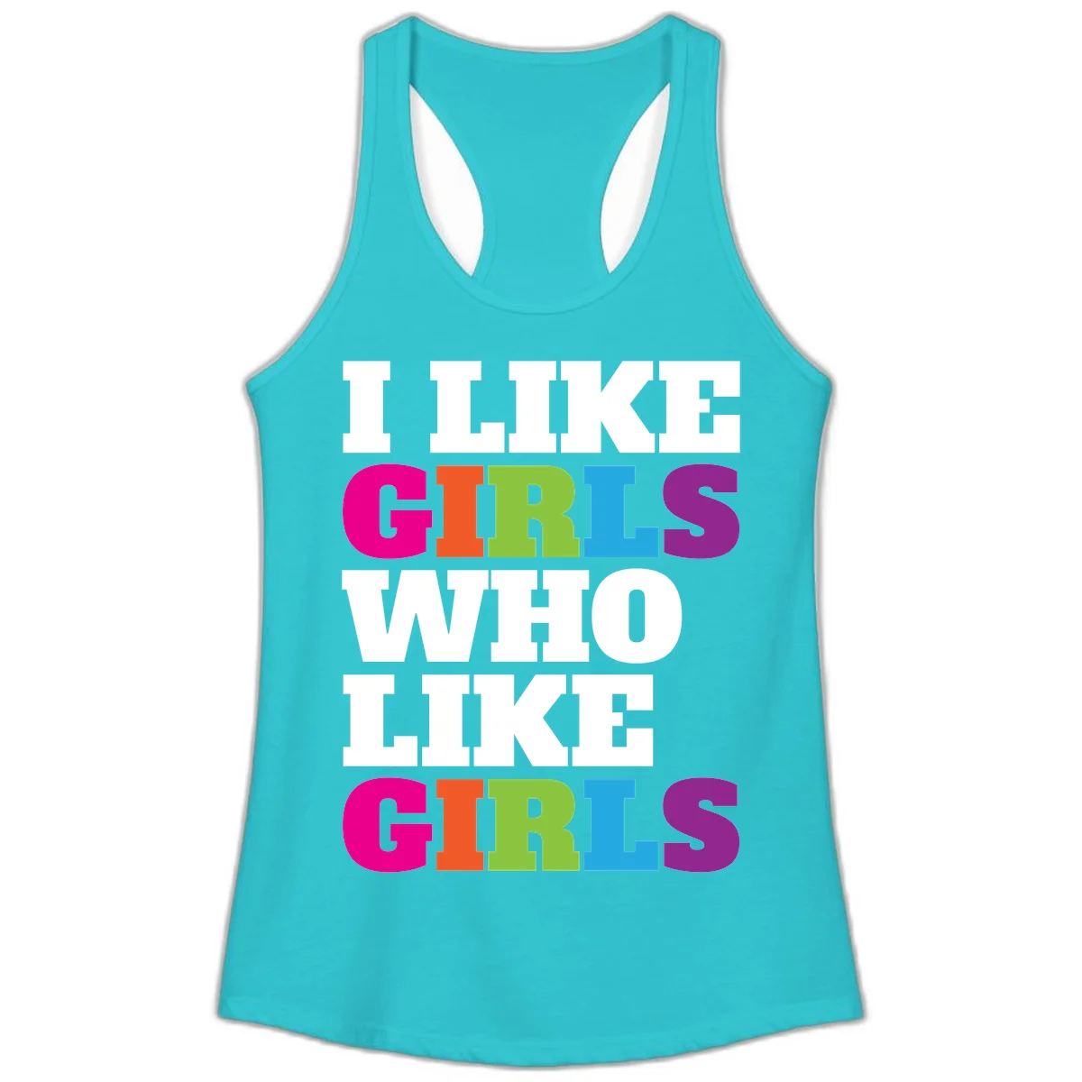 Bold colorful text reading 'Think Girls Who Like Girls' with each word in different pride colors on gray background in Solid Tahiti Blue