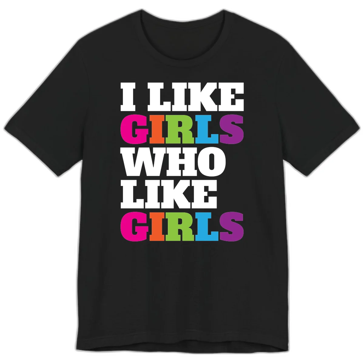 Bold colorful text reading 'Think Girls Who Like Girls' with each word in different pride colors on gray background in Black