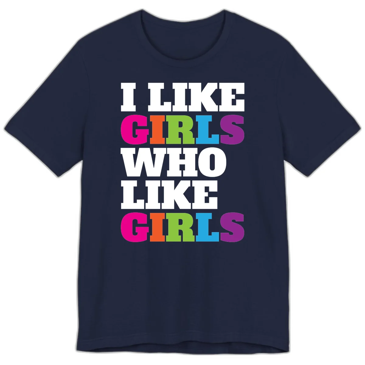 Bold colorful text reading 'Think Girls Who Like Girls' with each word in different pride colors on gray background in Navy