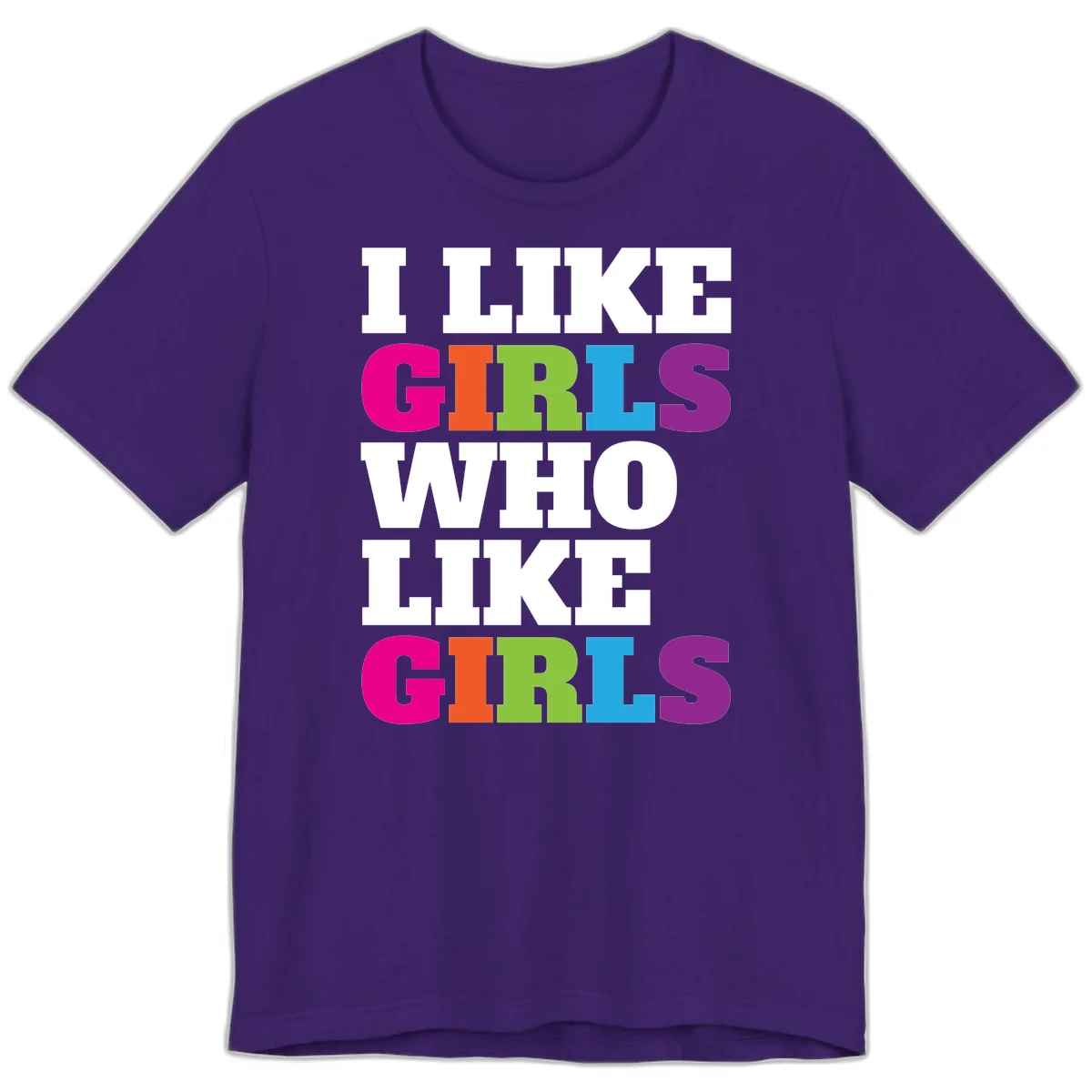 Bold colorful text reading 'Think Girls Who Like Girls' with each word in different pride colors on gray background in Team Purple