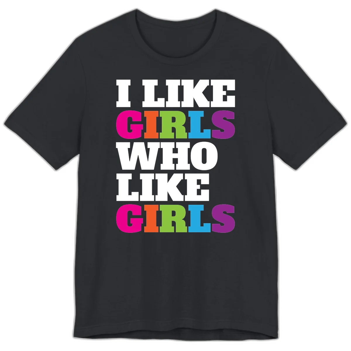 Bold colorful text reading 'Think Girls Who Like Girls' with each word in different pride colors on gray background in Vintage Black