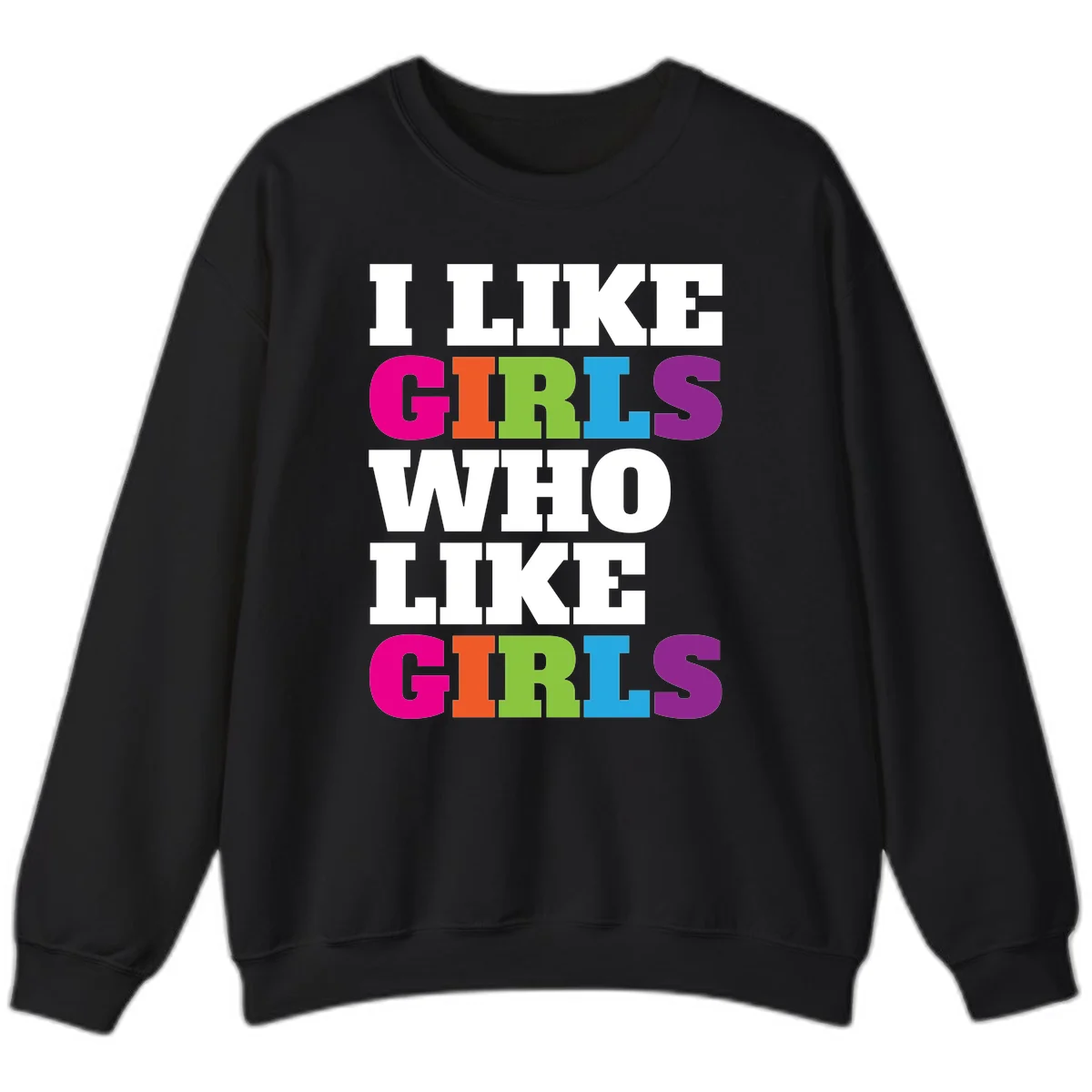 Bold colorful text reading 'Think Girls Who Like Girls' with each word in different pride colors on gray background in Black