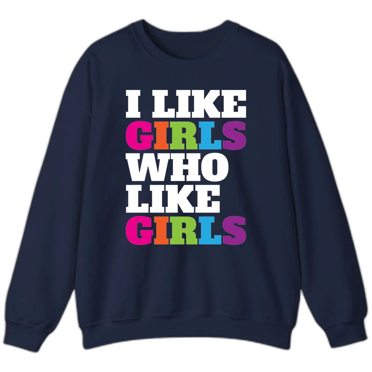 Bold colorful text reading 'Think Girls Who Like Girls' with each word in different pride colors on gray background in Navy