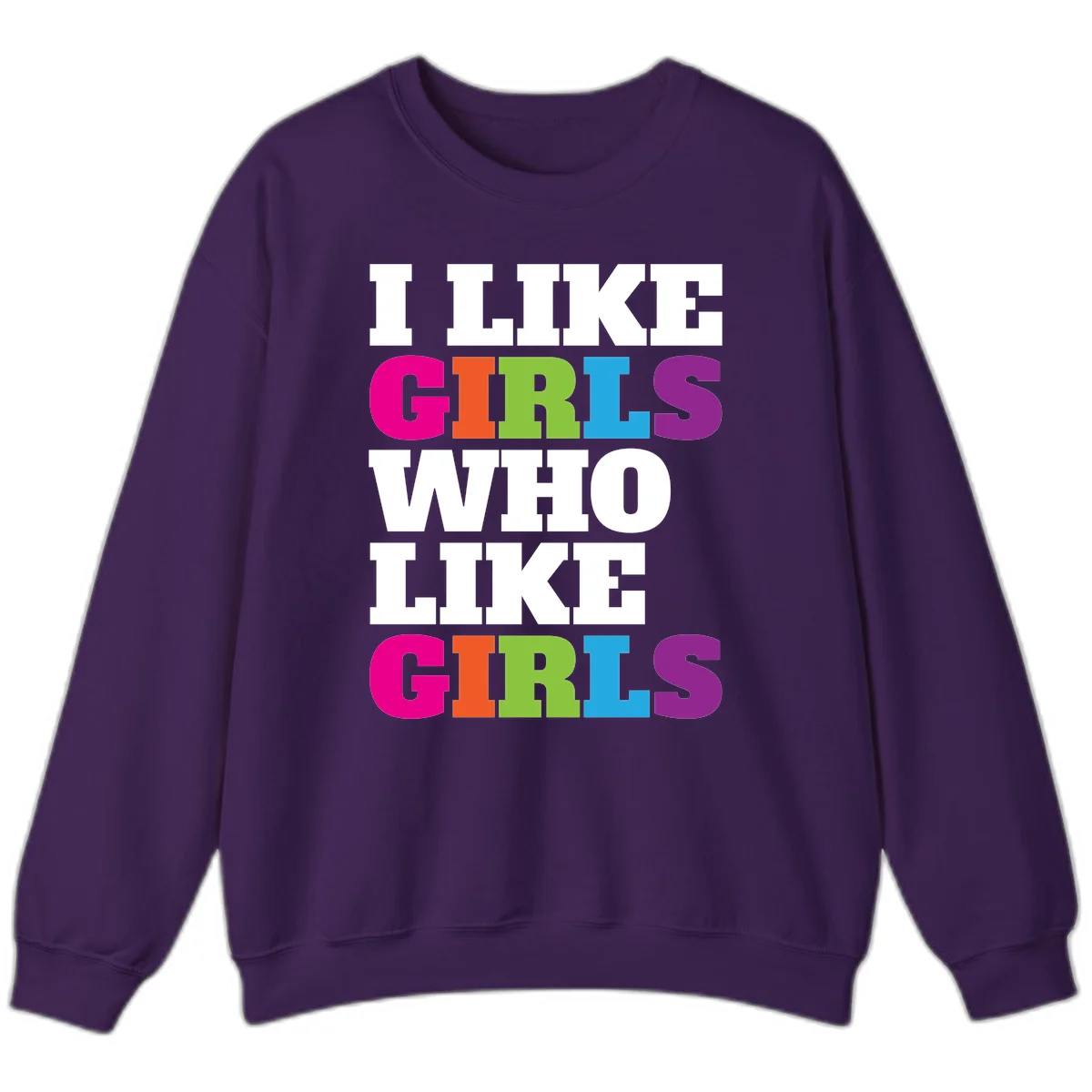 Bold colorful text reading 'Think Girls Who Like Girls' with each word in different pride colors on gray background in Purple