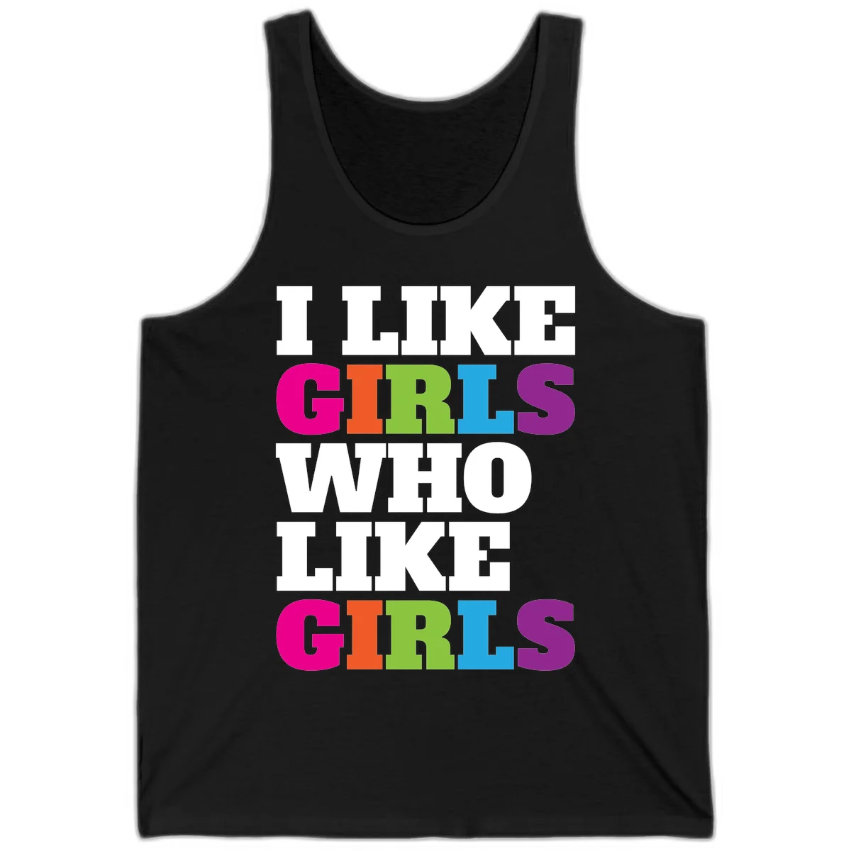 Bold colorful text reading 'Think Girls Who Like Girls' with each word in different pride colors on gray background in Black