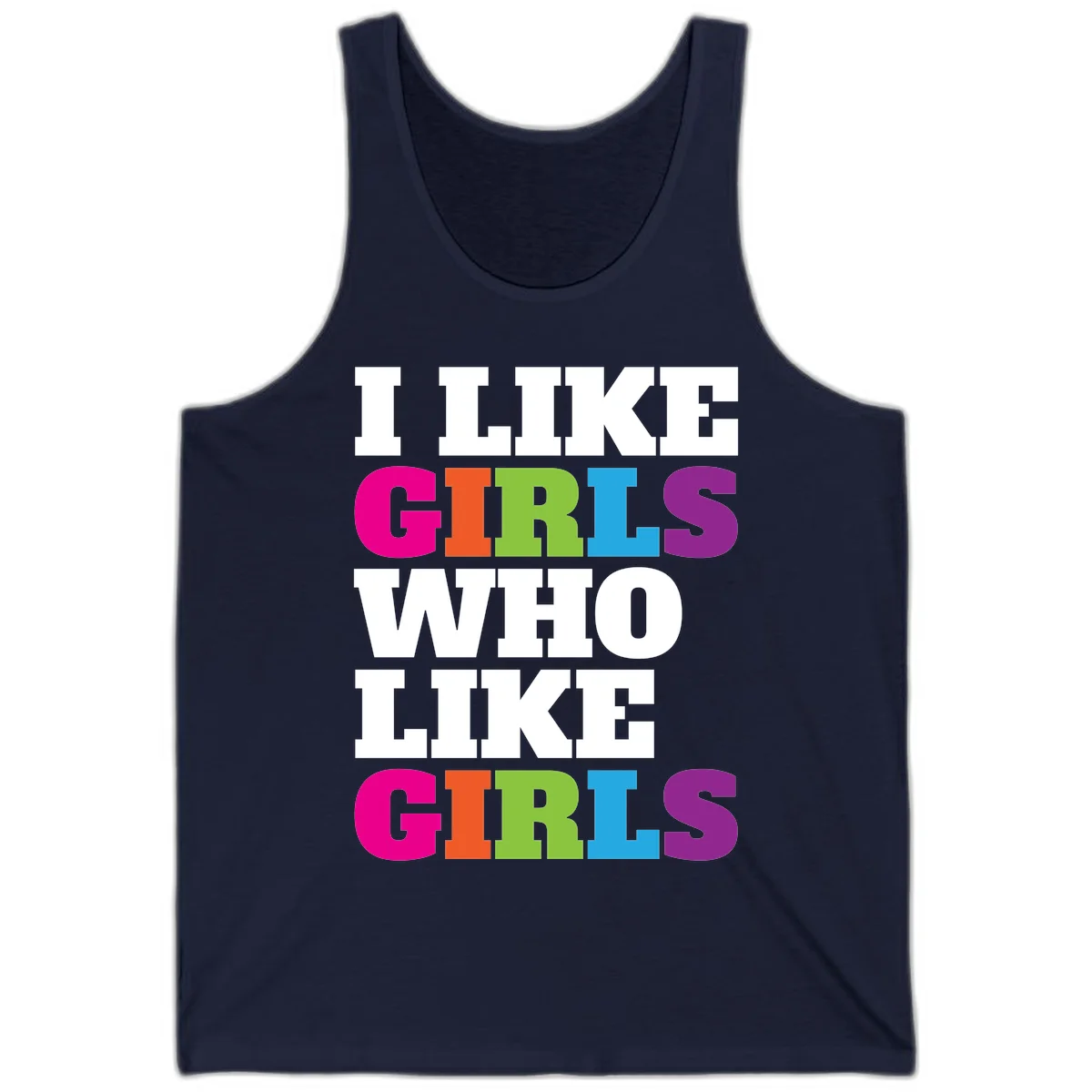 Bold colorful text reading 'Think Girls Who Like Girls' with each word in different pride colors on gray background in Navy