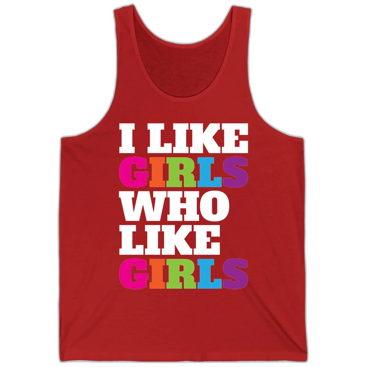 Bold colorful text reading 'Think Girls Who Like Girls' with each word in different pride colors on gray background in Red