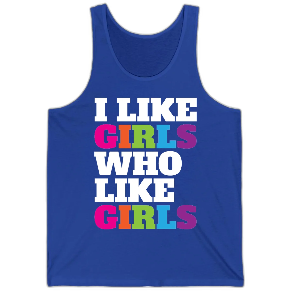 Bold colorful text reading 'Think Girls Who Like Girls' with each word in different pride colors on gray background in True Royal