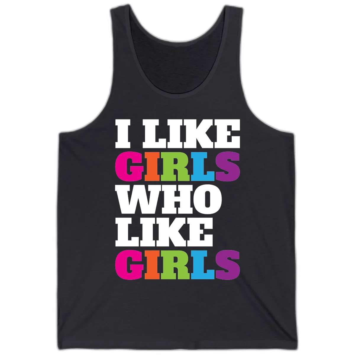 Bold colorful text reading 'Think Girls Who Like Girls' with each word in different pride colors on gray background in Dark Grey