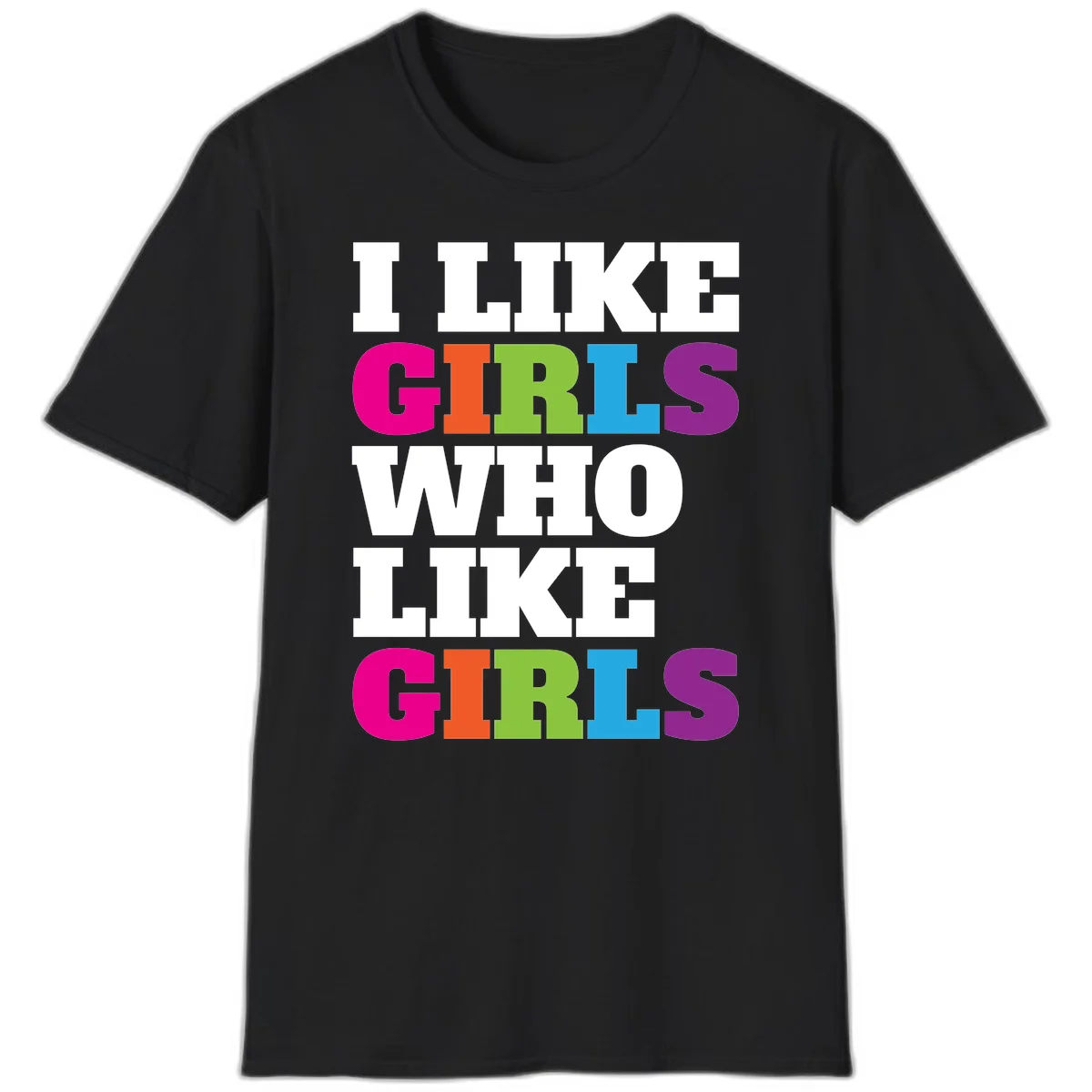Bold colorful text reading 'Think Girls Who Like Girls' with each word in different pride colors on gray background in Black