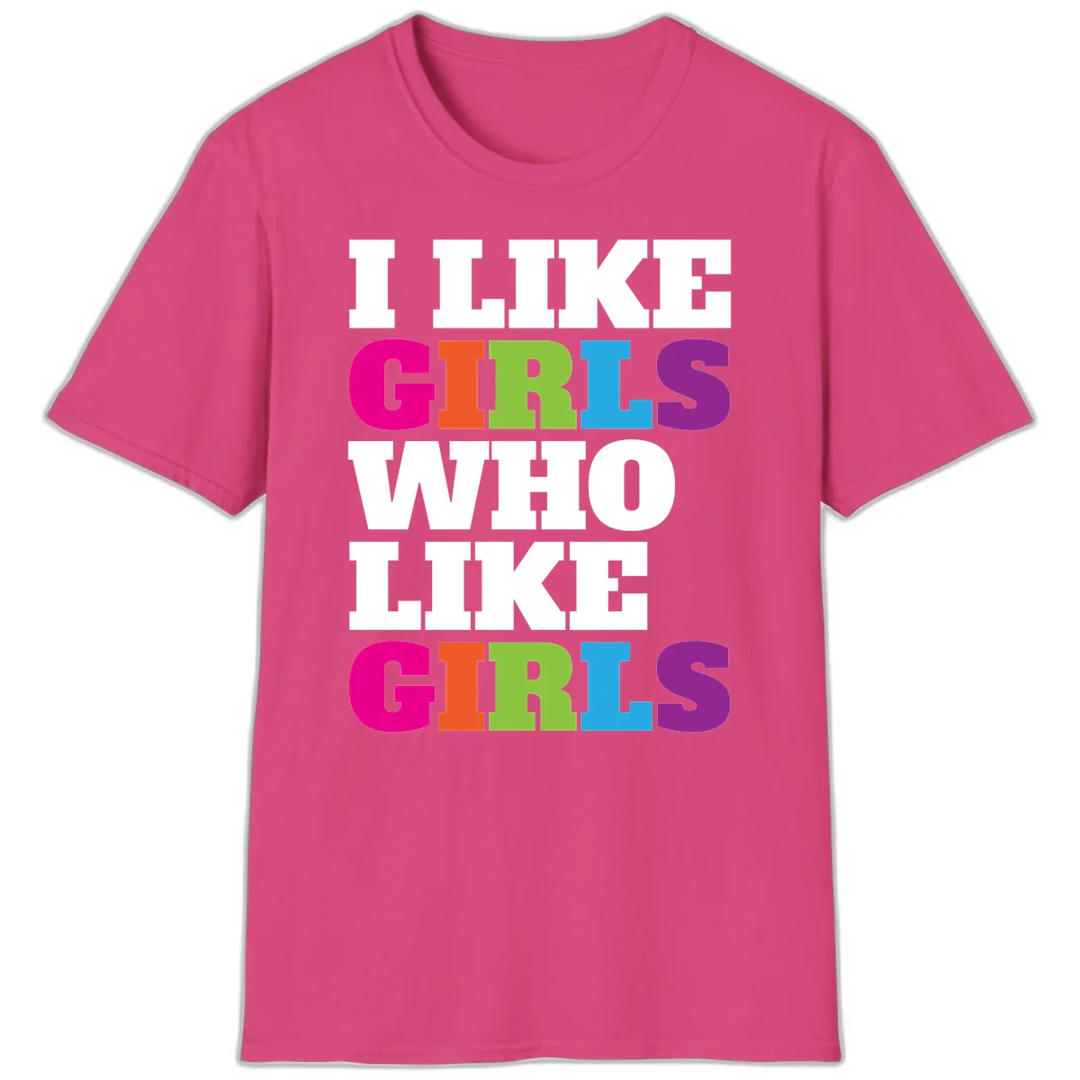 Bold colorful text reading 'Think Girls Who Like Girls' with each word in different pride colors on gray background in Heliconia