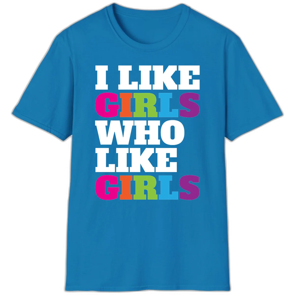 Bold colorful text reading 'Think Girls Who Like Girls' with each word in different pride colors on gray background in Sapphire