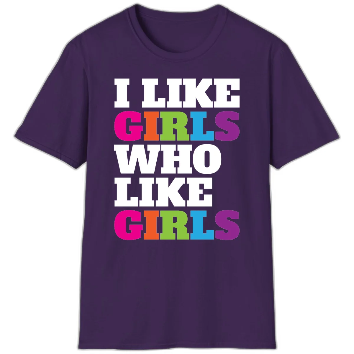 Bold colorful text reading 'Think Girls Who Like Girls' with each word in different pride colors on gray background in Purple