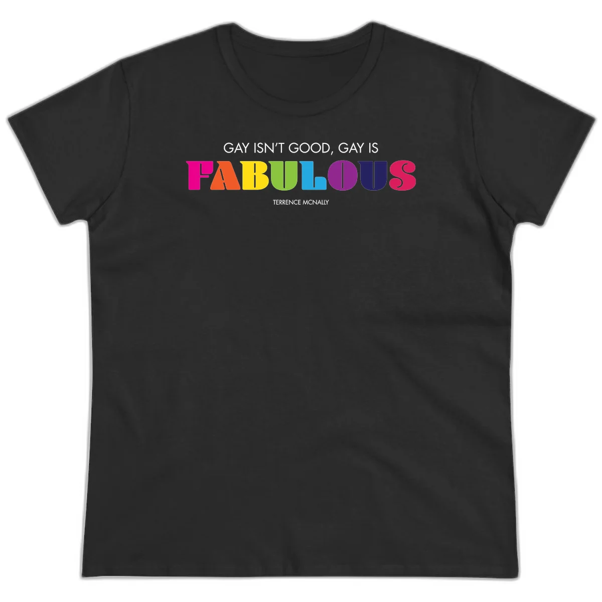 Gay is fabulous pride quote design with rainbow colored letters spelling fabulous and Terrence McNally attribution in Black