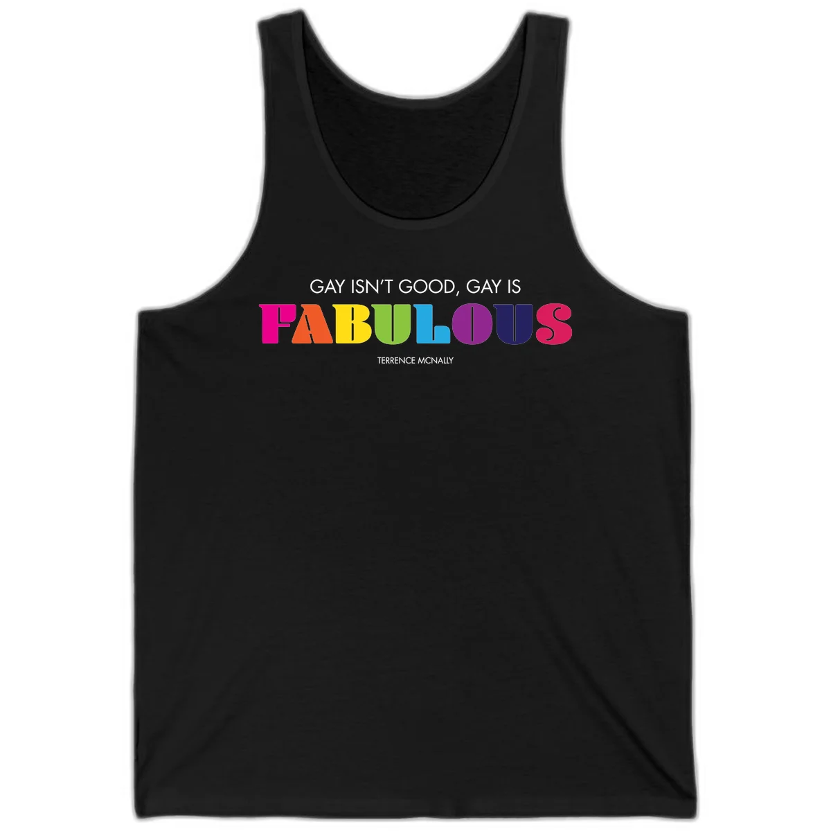 Gay is fabulous pride quote design with rainbow colored letters spelling fabulous and Terrence McNally attribution in Black