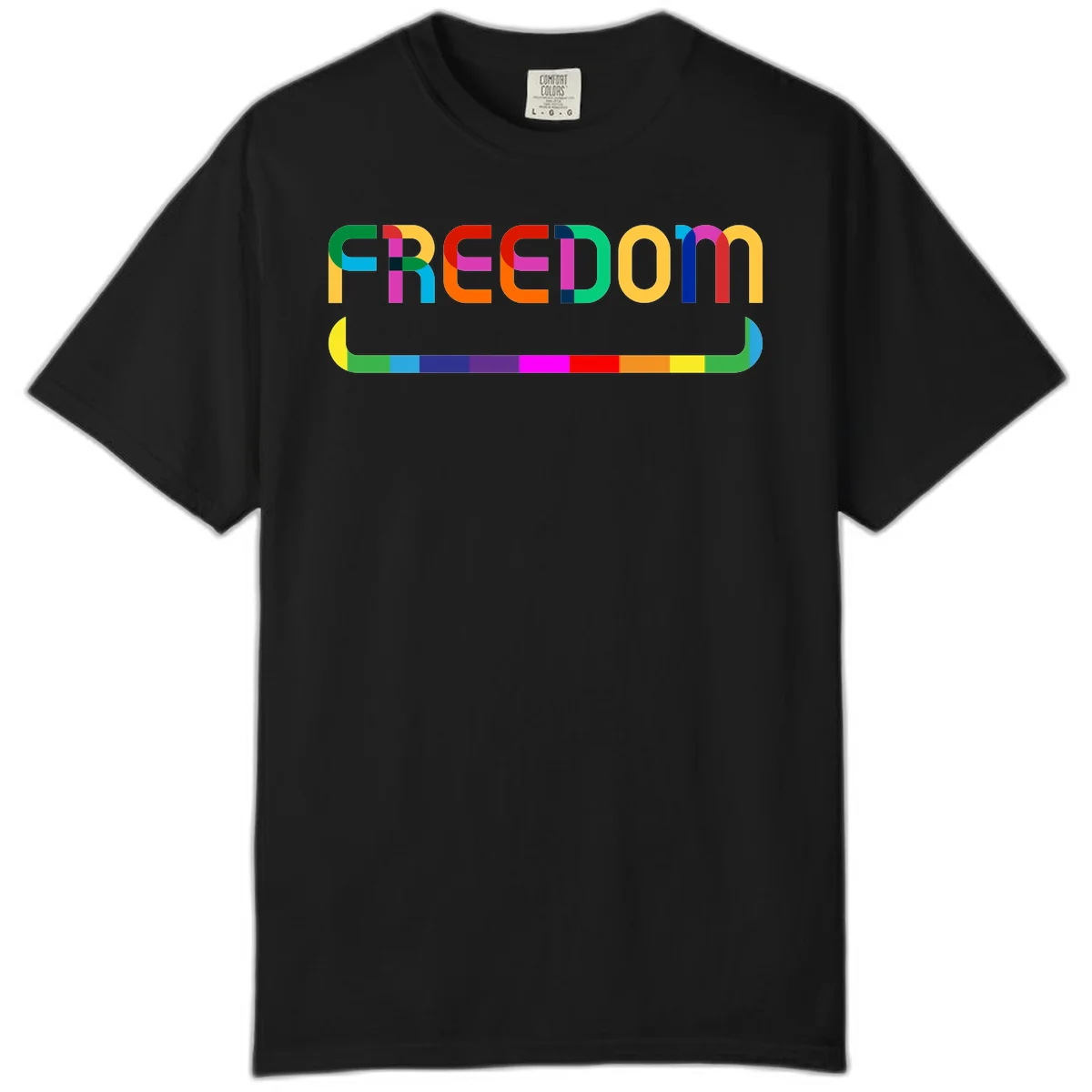 Colorful FREEDOM text in rainbow letters with geometric shapes and pride flag color bar below on gray background in Black