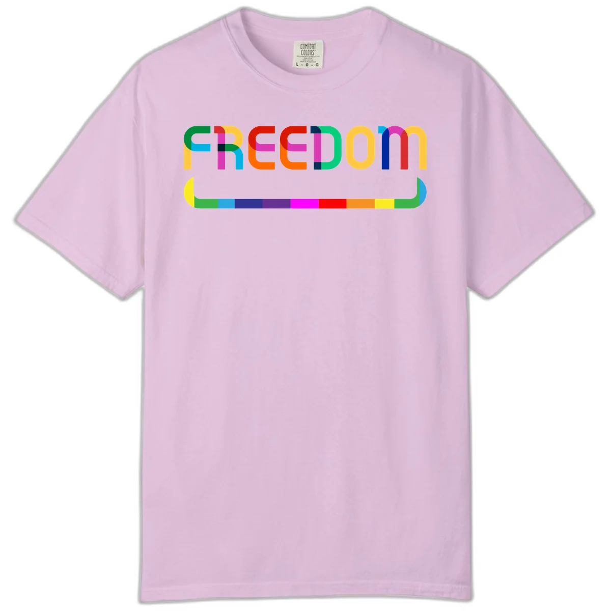 Colorful FREEDOM text in rainbow letters with geometric shapes and pride flag color bar below on gray background in Orchid