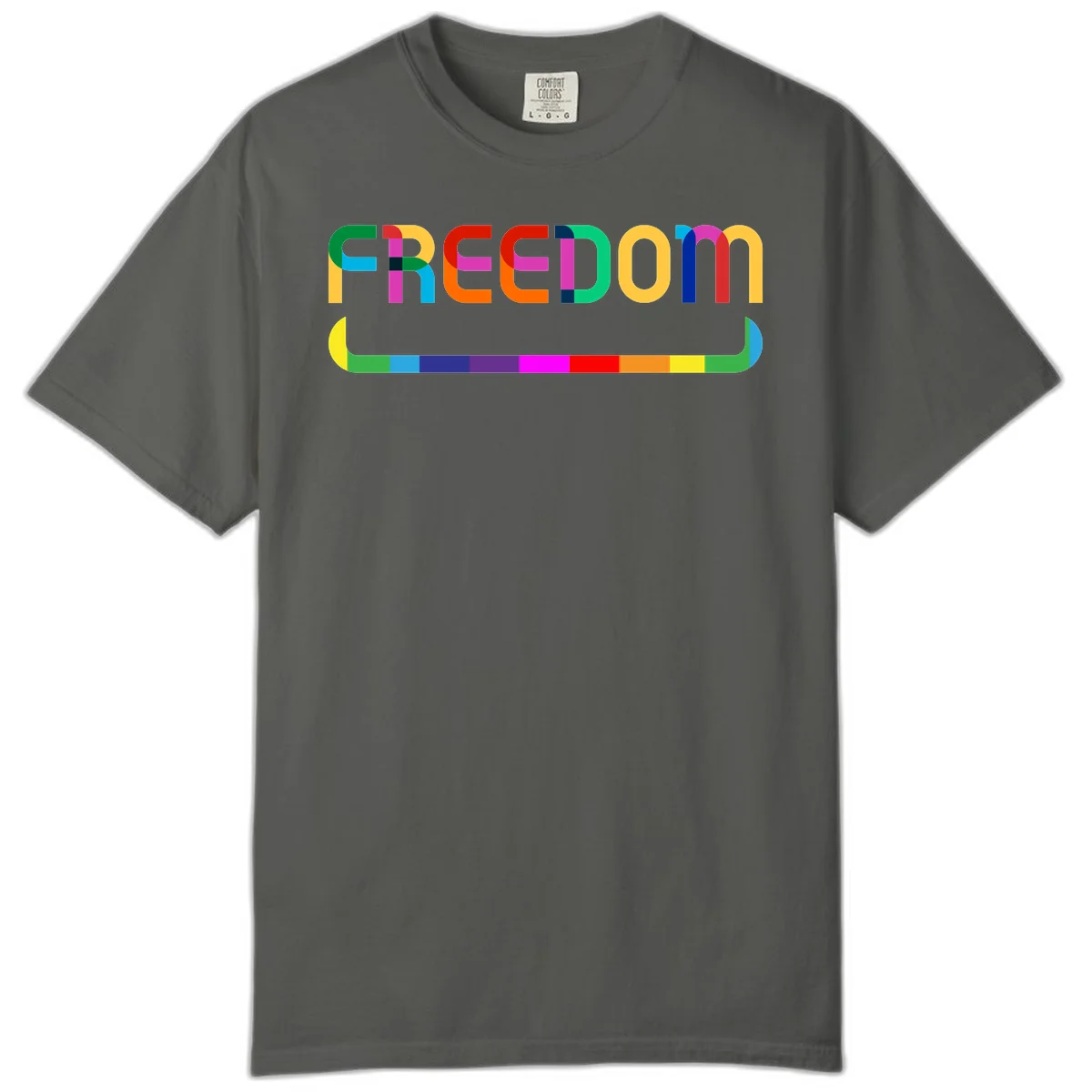 Colorful FREEDOM text in rainbow letters with geometric shapes and pride flag color bar below on gray background in Pepper