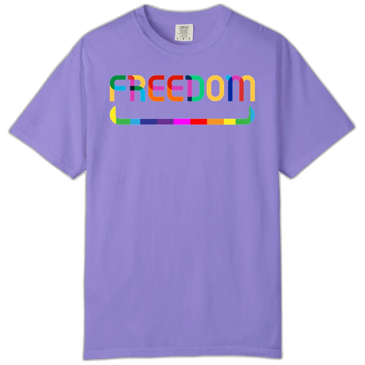 Colorful FREEDOM text in rainbow letters with geometric shapes and pride flag color bar below on gray background in Violet