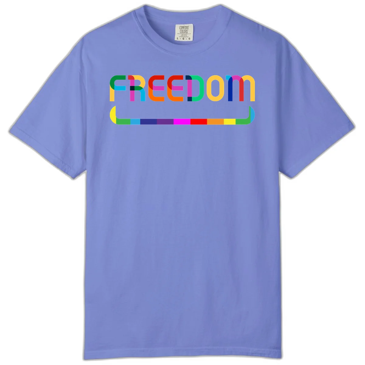 Colorful FREEDOM text in rainbow letters with geometric shapes and pride flag color bar below on gray background in Flo Blue