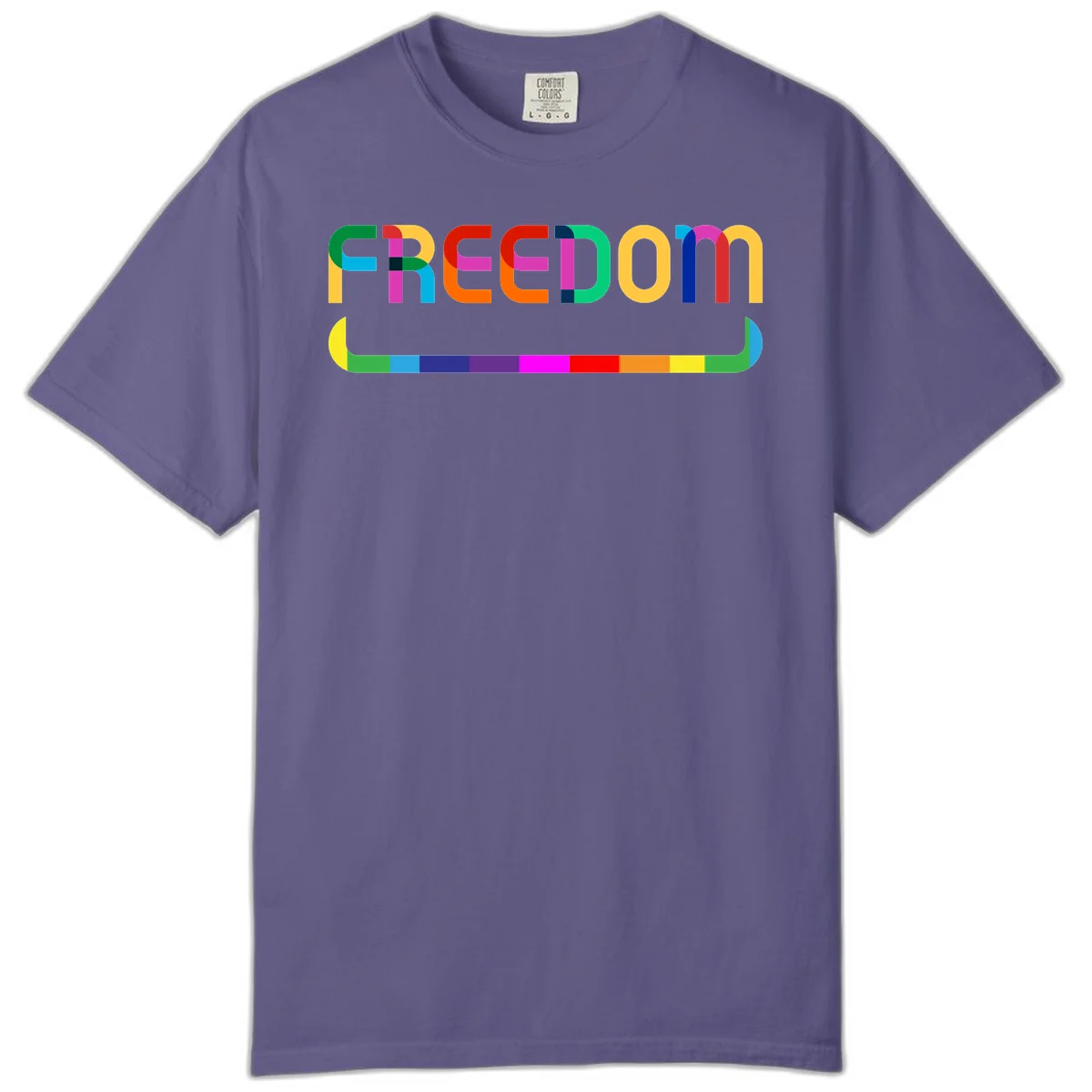 Colorful FREEDOM text in rainbow letters with geometric shapes and pride flag color bar below on gray background in Grape