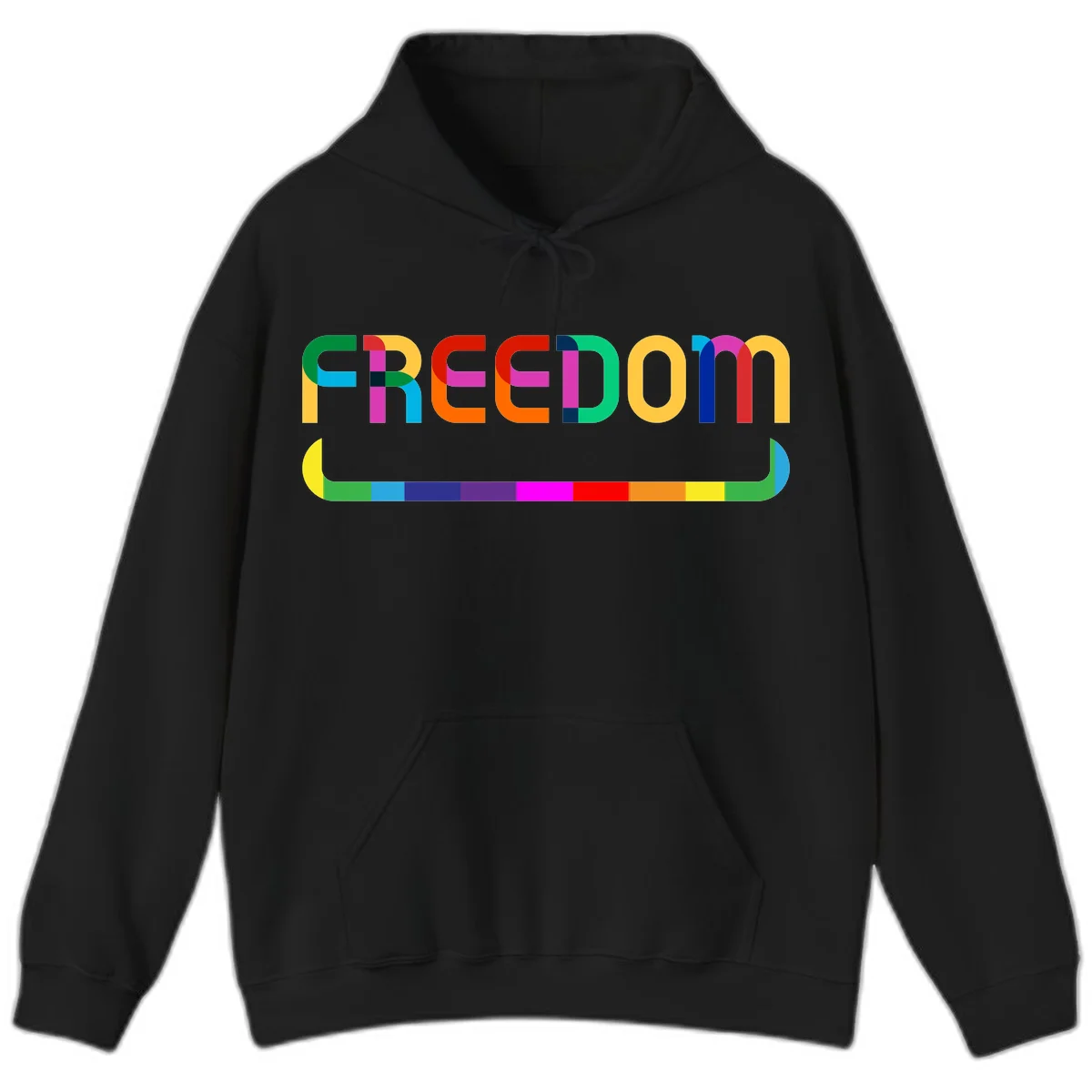 Colorful FREEDOM text in rainbow letters with geometric shapes and pride flag color bar below on gray background in Black