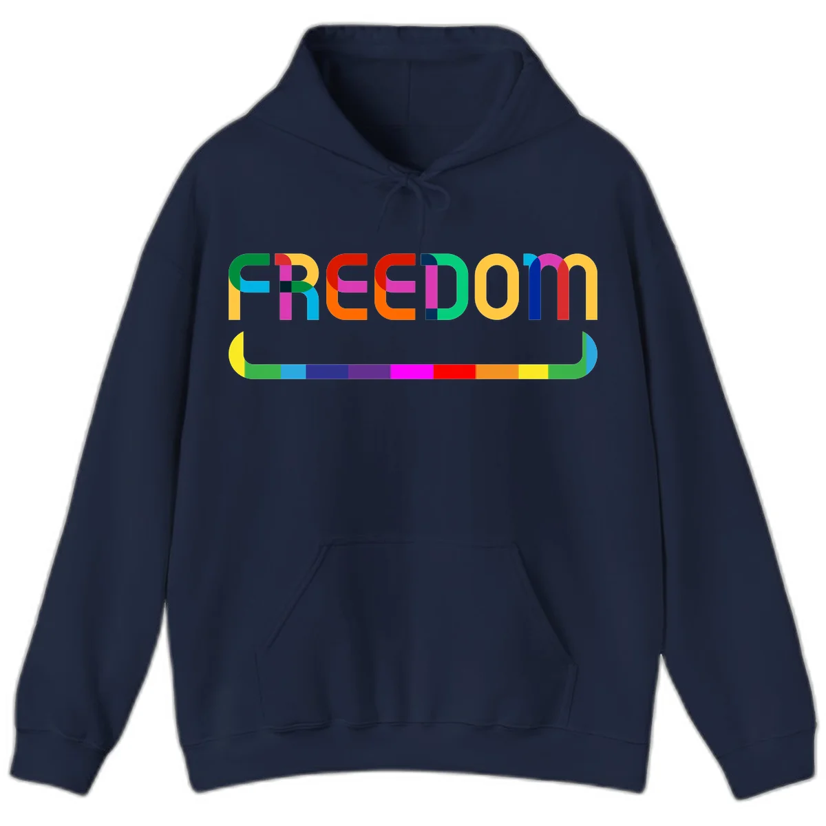 Colorful FREEDOM text in rainbow letters with geometric shapes and pride flag color bar below on gray background in Navy