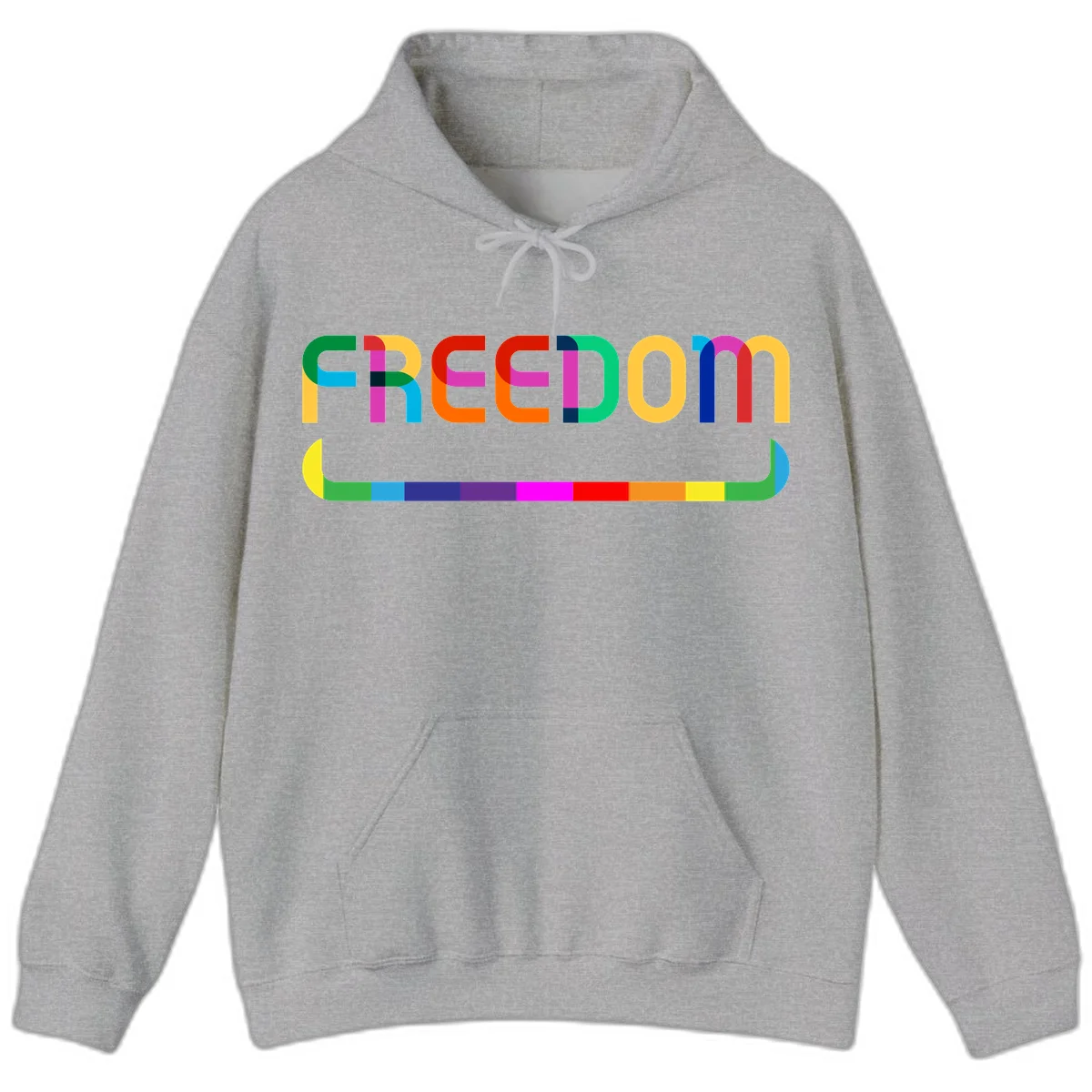 Colorful FREEDOM text in rainbow letters with geometric shapes and pride flag color bar below on gray background in Sport Grey