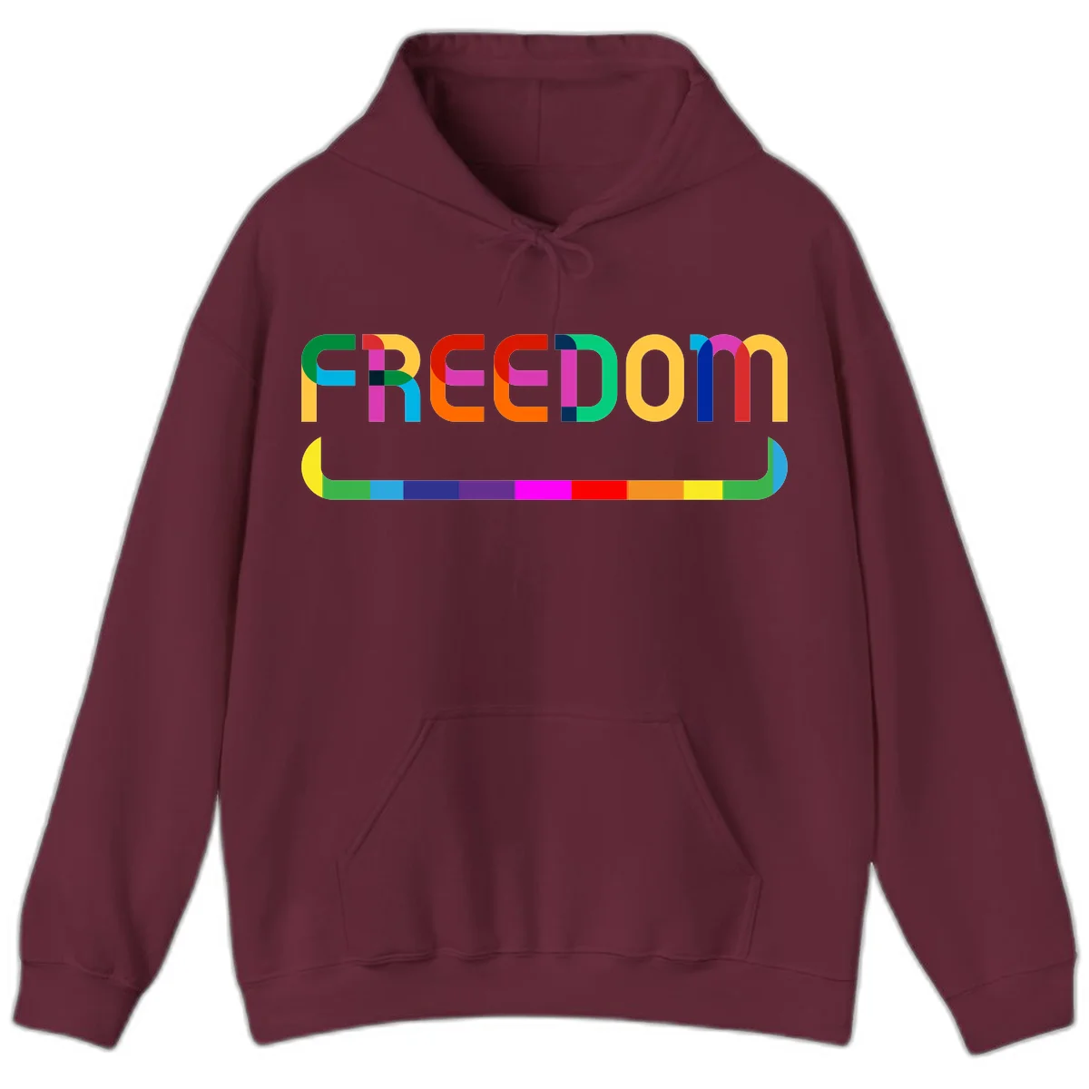 Colorful FREEDOM text in rainbow letters with geometric shapes and pride flag color bar below on gray background in Maroon