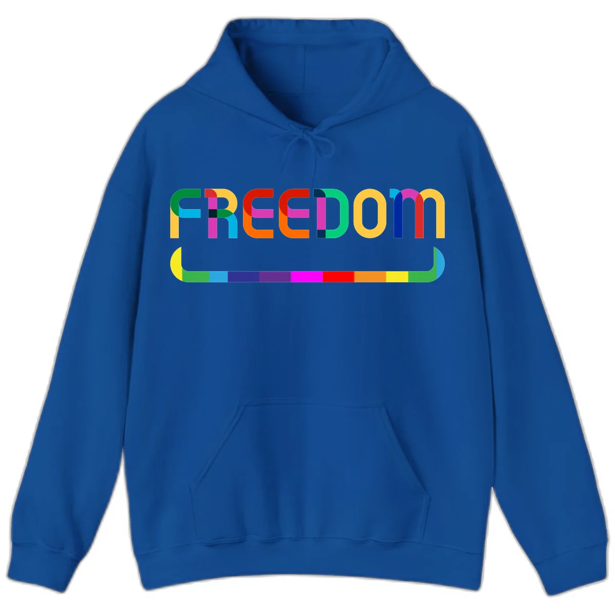 Colorful FREEDOM text in rainbow letters with geometric shapes and pride flag color bar below on gray background in Royal