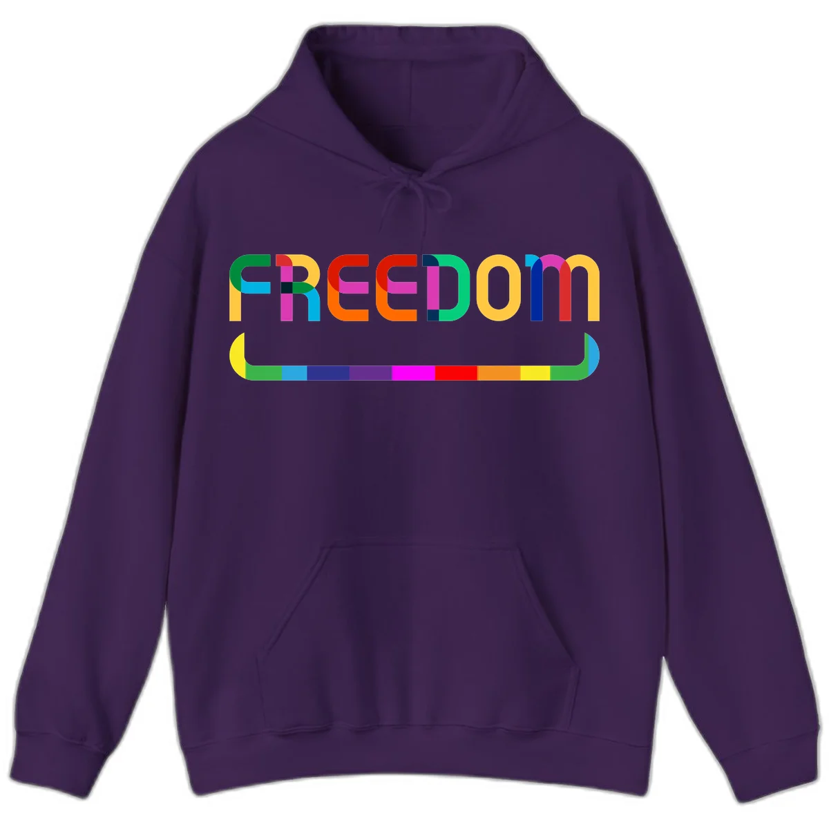 Colorful FREEDOM text in rainbow letters with geometric shapes and pride flag color bar below on gray background in Purple