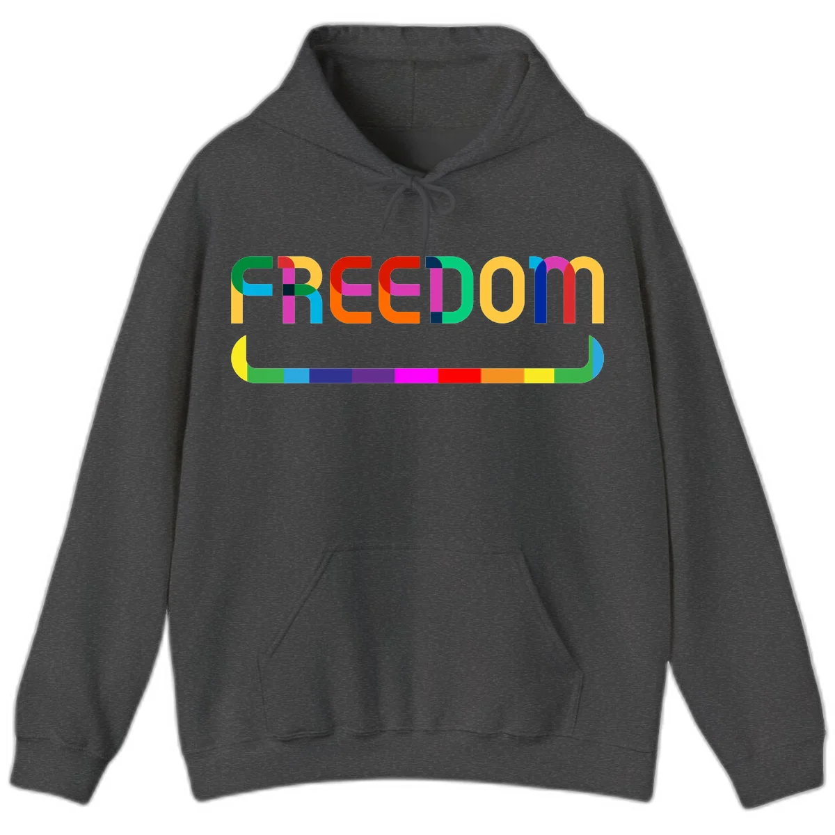 Colorful FREEDOM text in rainbow letters with geometric shapes and pride flag color bar below on gray background in Dark Heather
