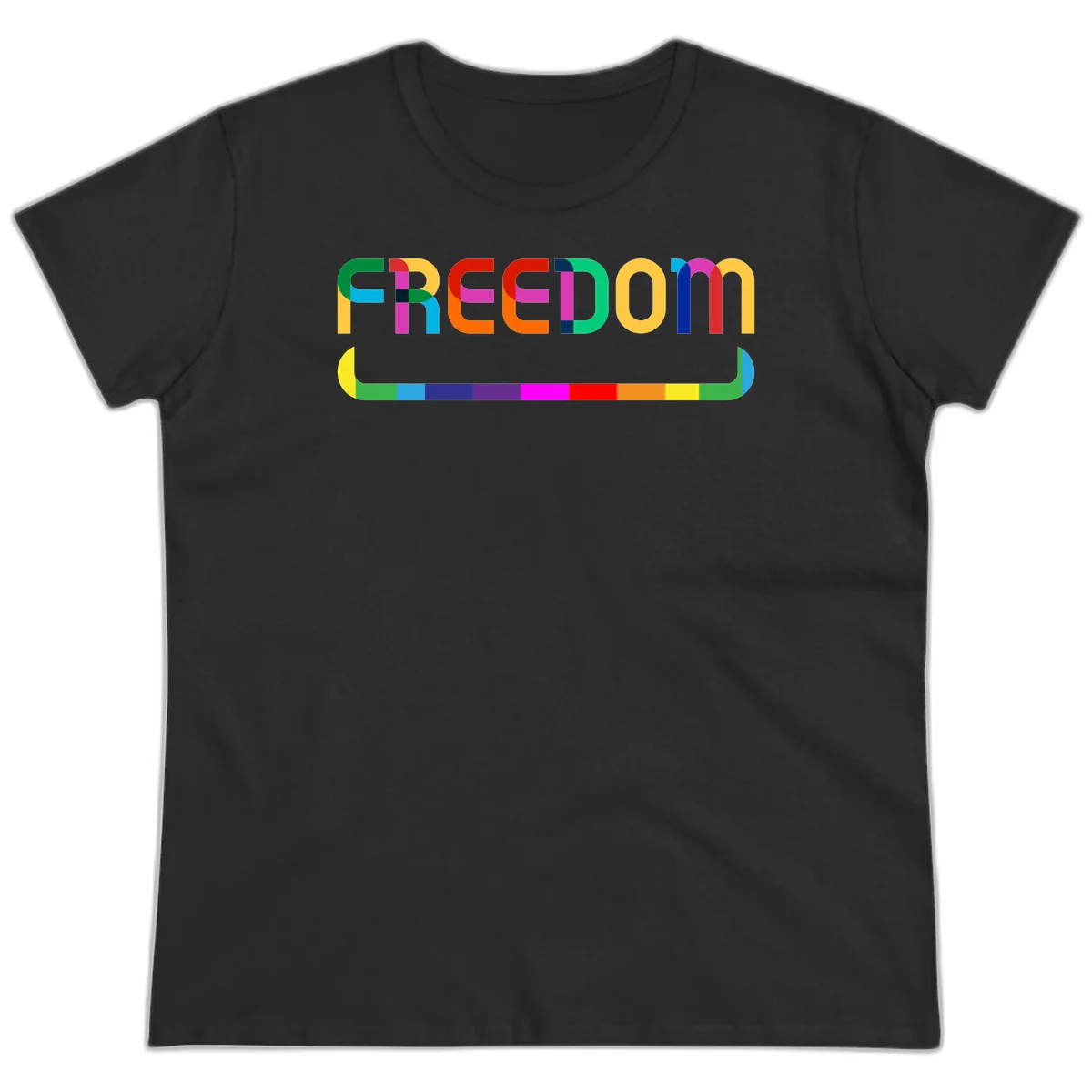 Colorful FREEDOM text in rainbow letters with geometric shapes and pride flag color bar below on gray background in Black